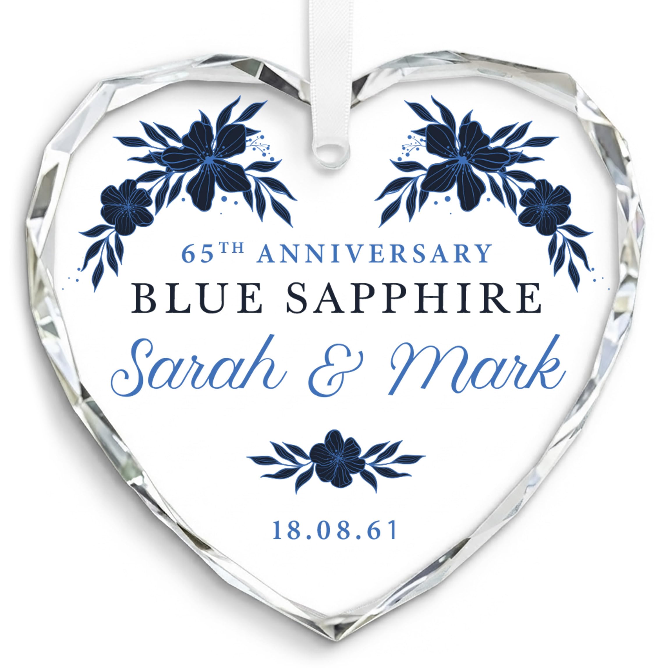 Beecreative Personalised 65th Anniversary Wedding Gifts - Custom Crystal Glass Hanging Decoration - Blue Sapphire Wedding Anniversary Present For Parents - With Gift Bag