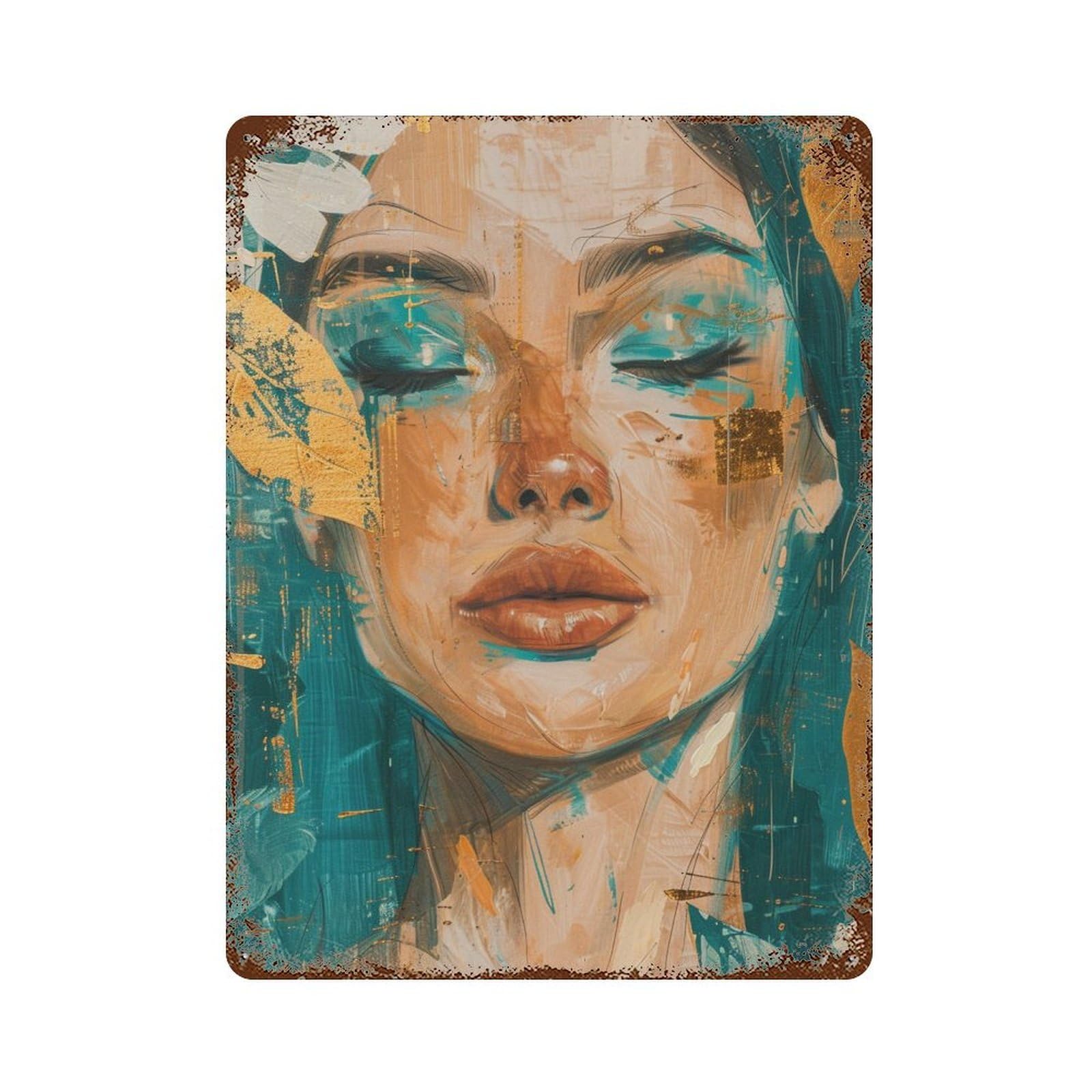 Abstract Woman Portrait Painting Rust Effect Tin Sign 15.7"x11.8", Retro Wall Decor for Pub, Kitchen And Man Cave Decor
