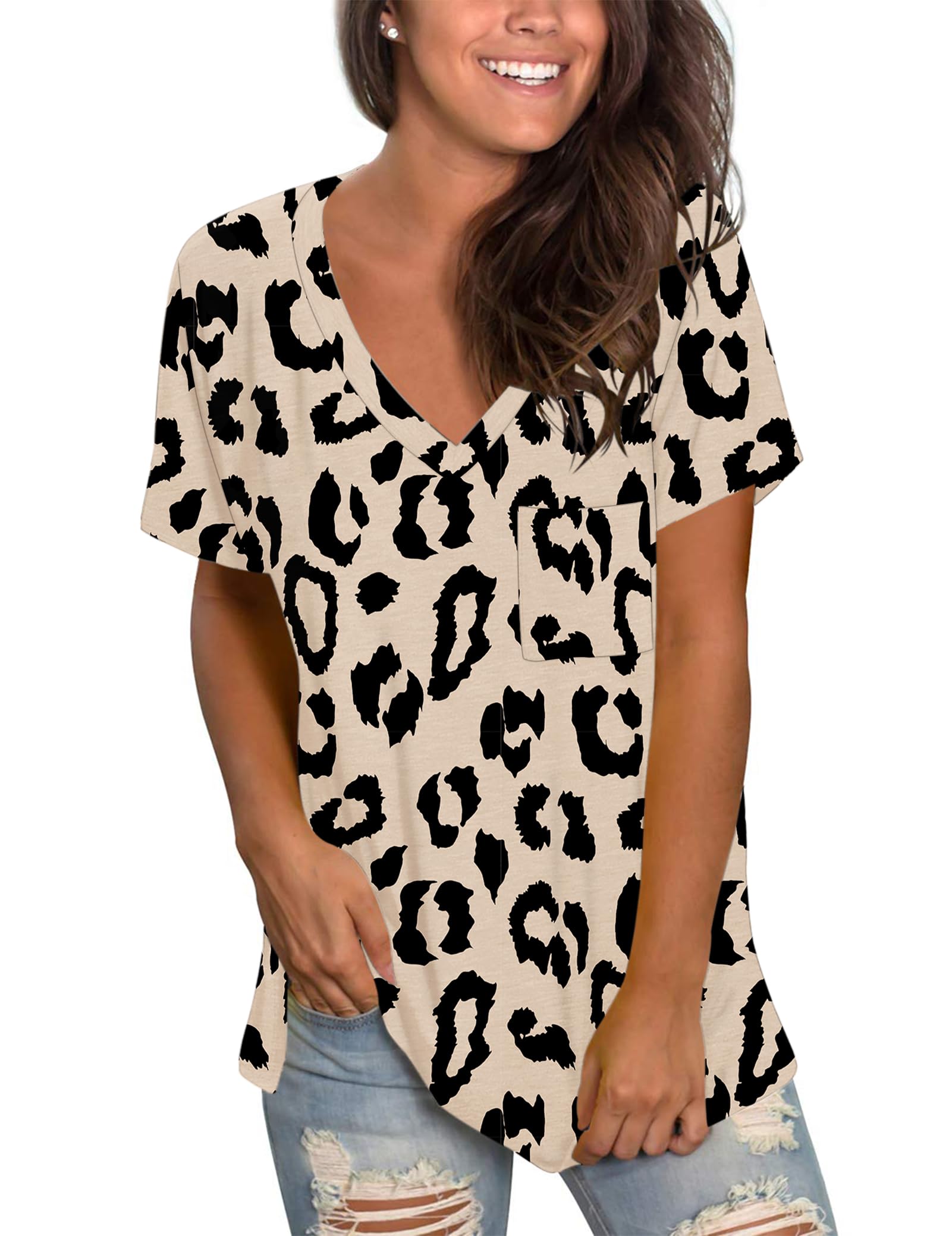 Molerani Women's Hr Leopard Short Sleeve V-Neck Shirts Loose Casual Tee Summer Tops With Pocket (3Xl, )