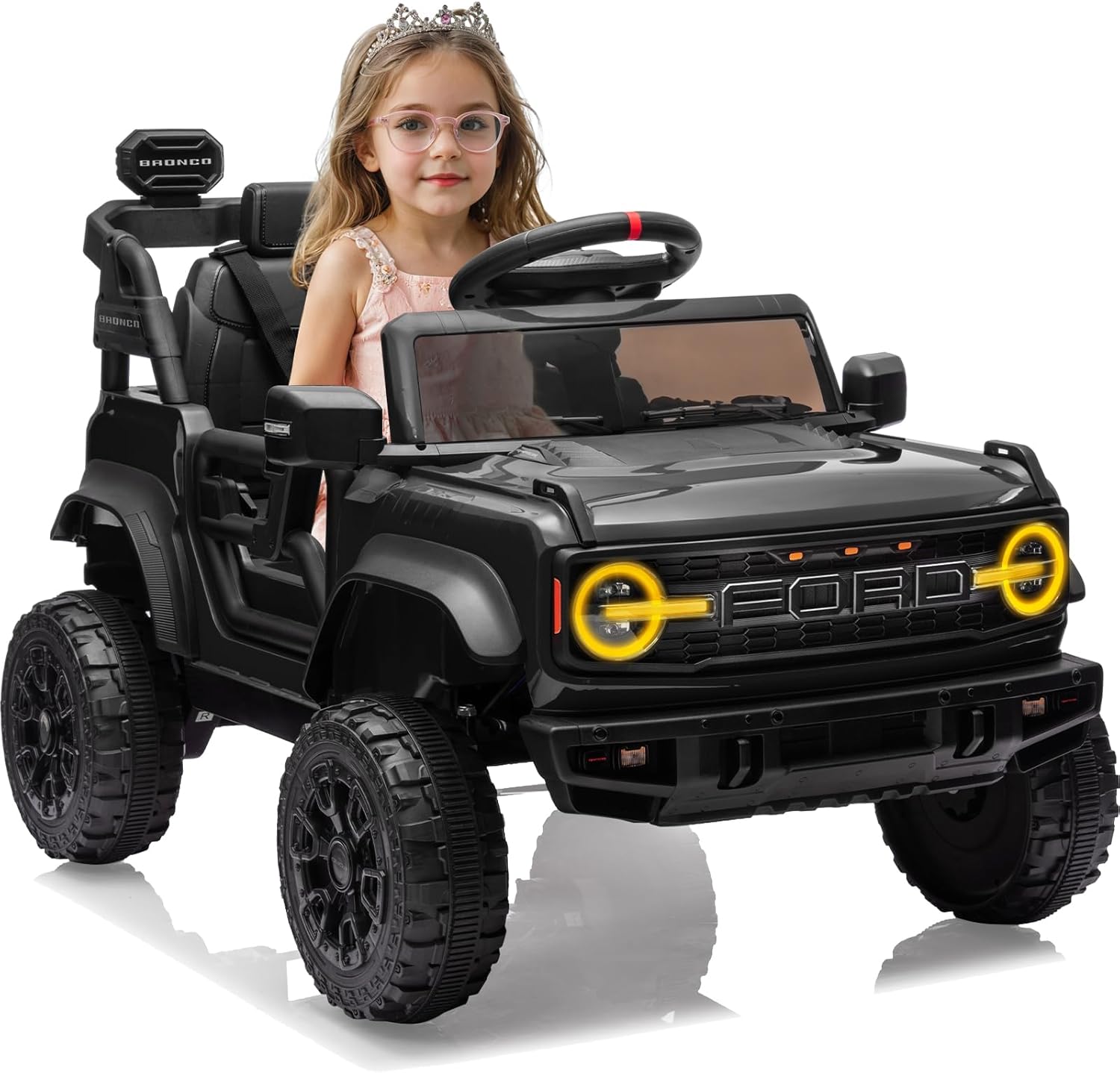 YOFE 12V Ride on Toy for Kids, Ford Bronco Raptor Kids Electric Car with Parent Remote Control, Battery Powered Truck Car with 4-Wheel Suspension, LED Light, Bluetooth, 3 Speeds (12V, Black)