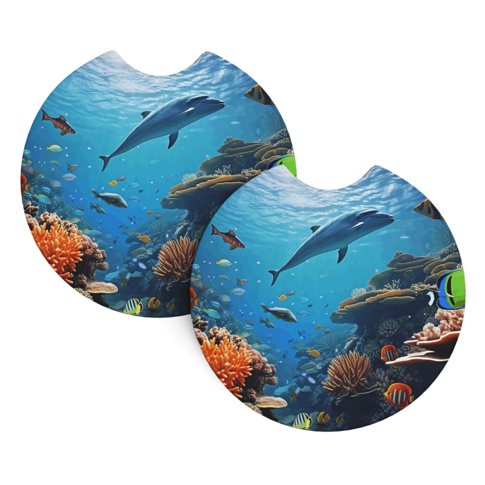 2 Pack Car Coaster for Cup Holders Ocean Sea Seabed Coral Fish Car Cup Coaster 2.7" Neoprene Non-Slip Automotive Cup Mat Universal Auto Car Interior Accessories for Women Men Cup Pad