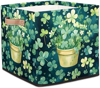 Clover Flower Pot Green Storage Basket with Handle Portable Collapsible 13 Inch Polyester Storage Bin Cube for Home Office Nursery Organizing Clothes Books Children's Toys Other Items