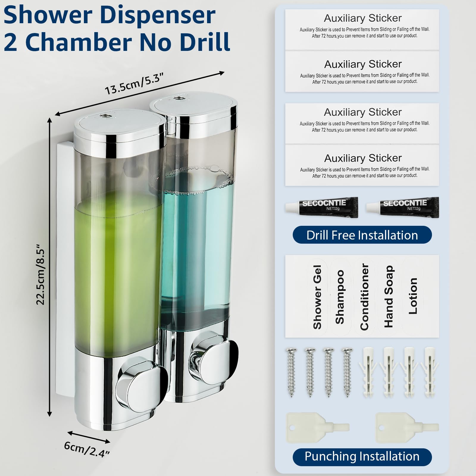 modunful Dispenser doccia a 2 camere, senza trapano, dispenser per shampoo per doccia, montaggio a parete, shampoo, balsamo, bagnoschiuma, per bagno, cromato, 2 camere