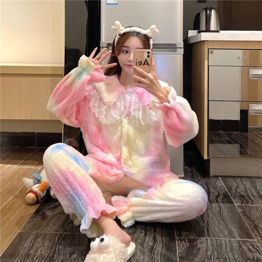 HAIBI Damen Pyjama Winter，Mädchen Schlafanzug Mädchen Pyjamas Schöne Casual Coral Fleece Bunte Pyjamas Anzug Dick Plüsch Wärme Süße Bequeme Homewear
