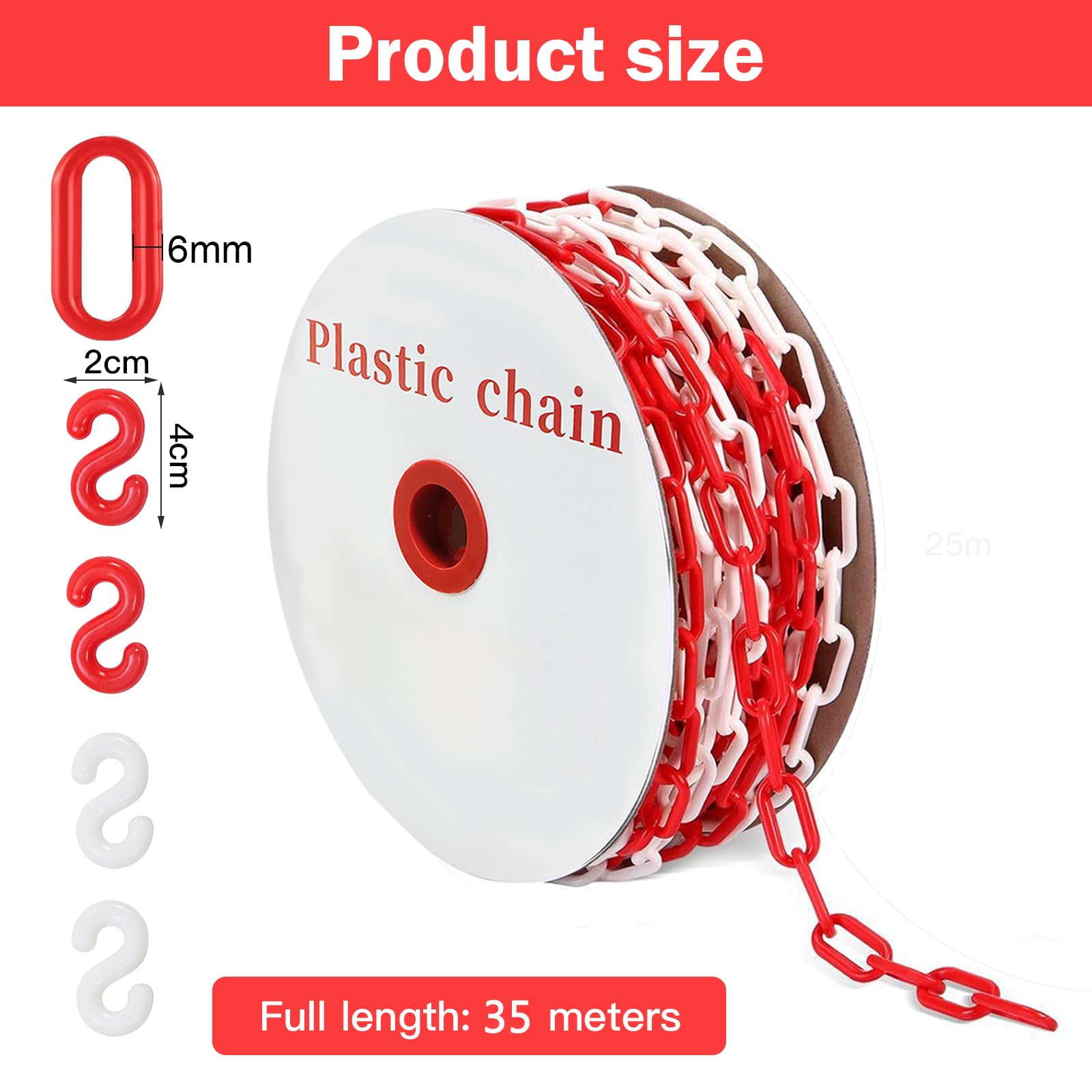 Catena di sicurezza in plastica, 35 m, 35 m, in plastica, 6 mm, con 6 ganci a S, catena di sicurezza in plastica, per cantieri, parcheggio e manutenzione degli ordini