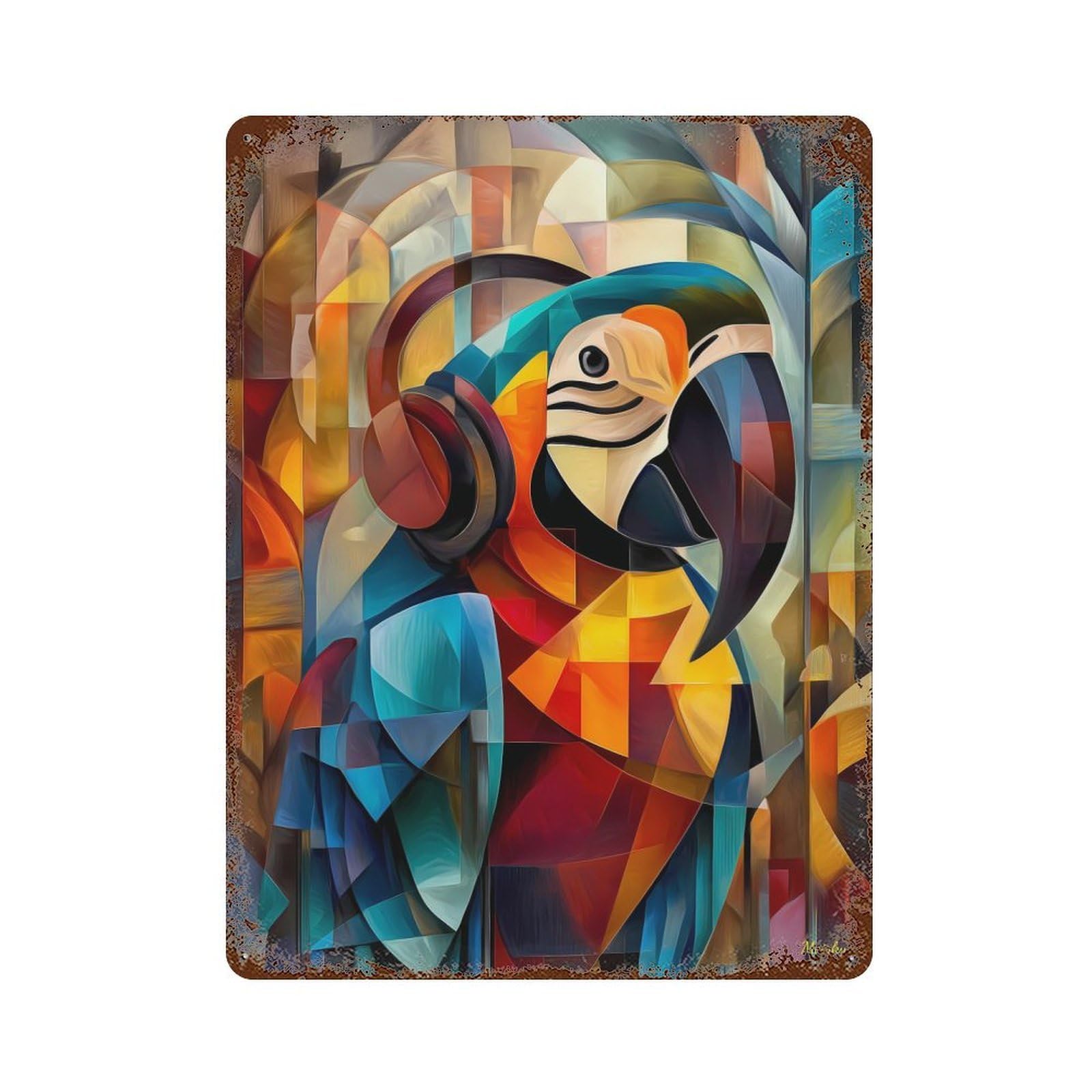 Charming Parrot – Cubist DJ of The Jungle 15.7"x11.8" Distressed Metal Wall Sign, Retro Wall Decor for Garage, Bar And Workshop Decor