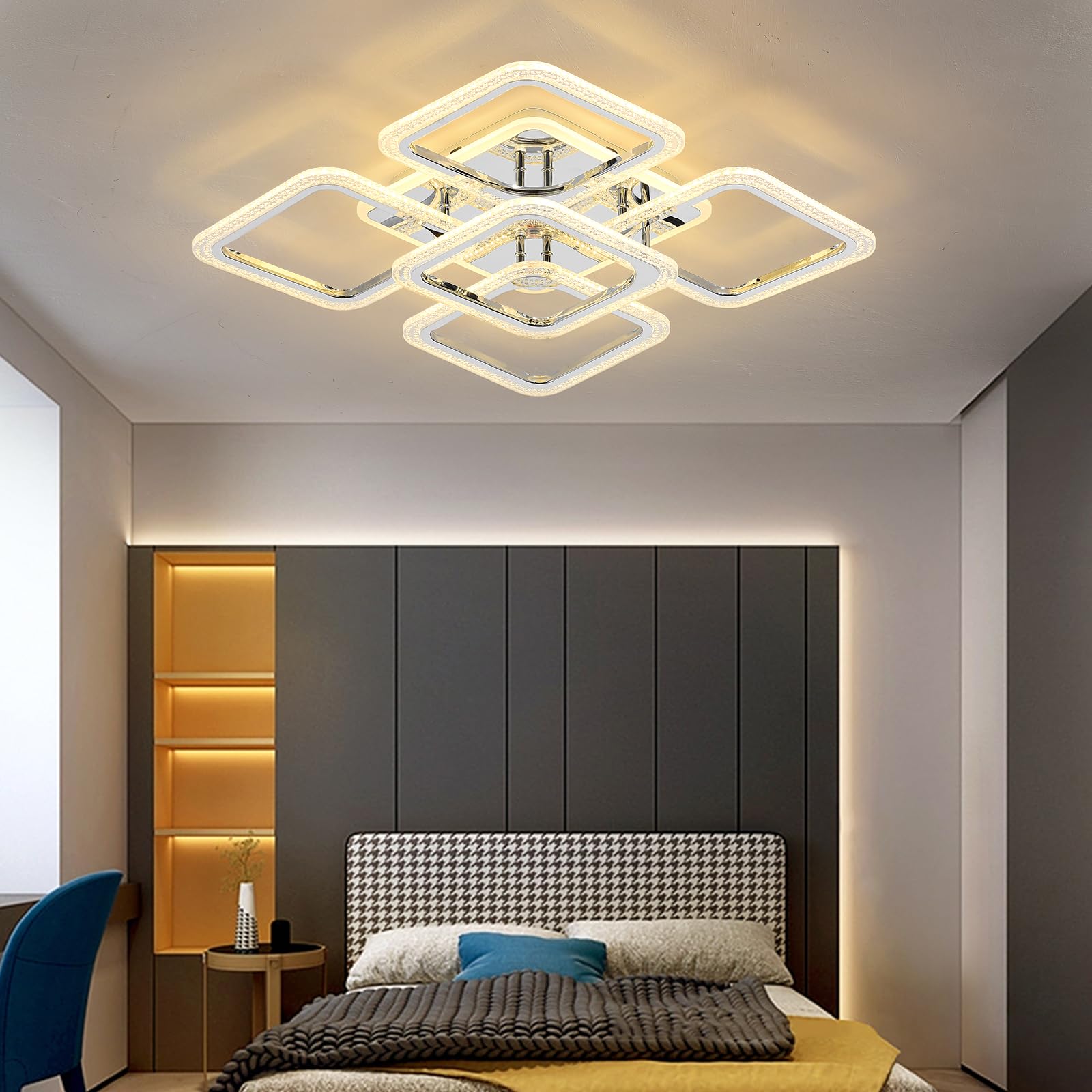 Qcyuui Plafoniera LED Quadrata Lampadari Moderni a Incasso, 100 W Dimmerabile Camera da Letto Lampade da Soffitto Design Nordico per Soggiorno Cucina con Telecomando/Cromo