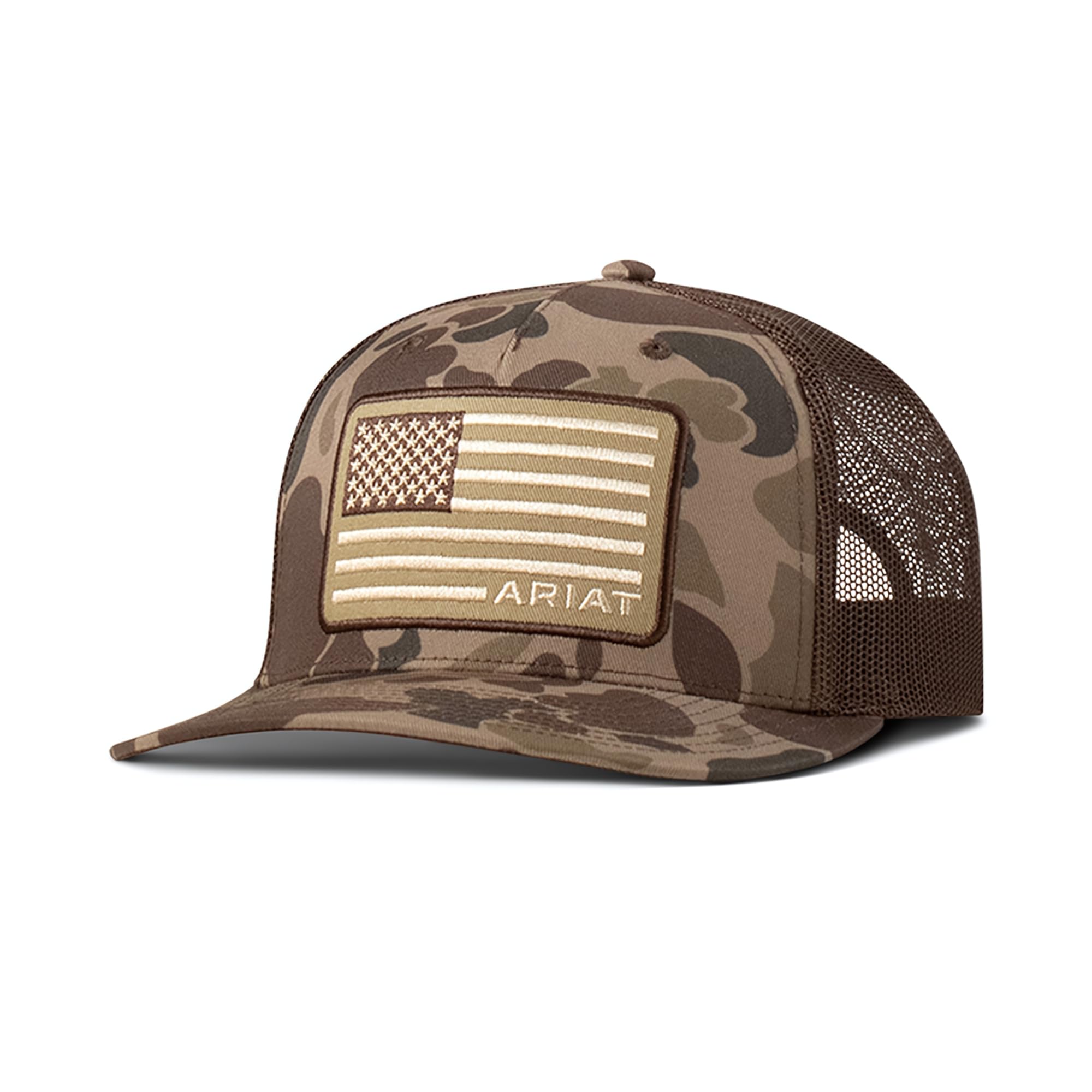 Ariat Men's Brown Camo Richardson 112 Trucker Cap With Embroidered American Flag Patch, One Size