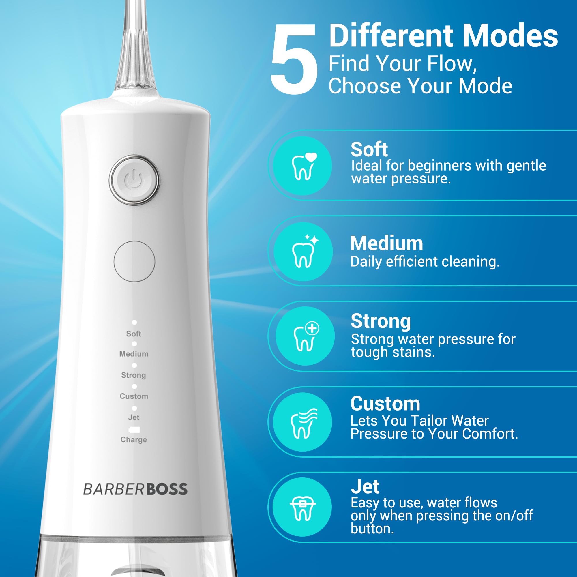 BarberBoss Idropulsore Advanced, 5 modalità di pressione e serbatoio capiente da 340 ml, irrigatore orale impermeabile IPX8, 4 punte a getto e blocco da viaggio, idropulsore portatile QR-7104 (bianco)