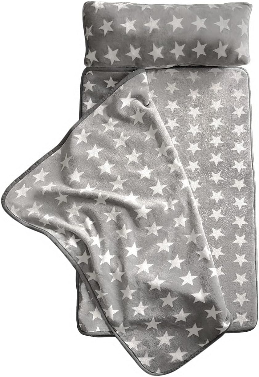 Milliard -Updated Fabric- Memory Foam- Nap Mat Roll Stars with Fuzzy Blanket and Removable Pillow, Machine Washing for Toddler Daycare Preschool Kindergarten and Sleepovers