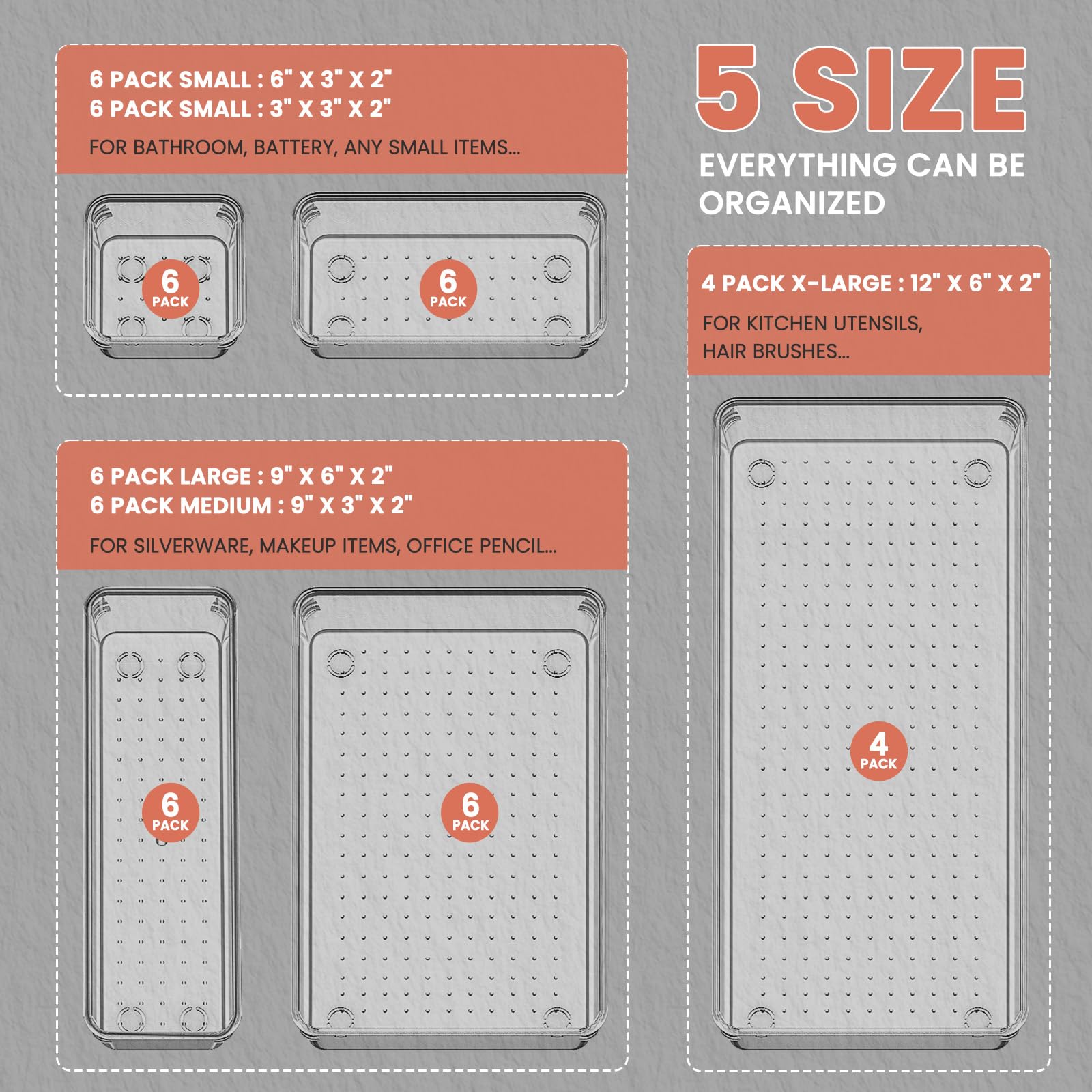 Large Clear Plastic Drawer Organizer 28 Pack - 5 Sizes (XL to small) Acrylic Drawer Organizer Trays for Kitchen Utensils, Gadgets, Bathroom, Vanity and Makeup, Office - Everything Can Be Organized!
