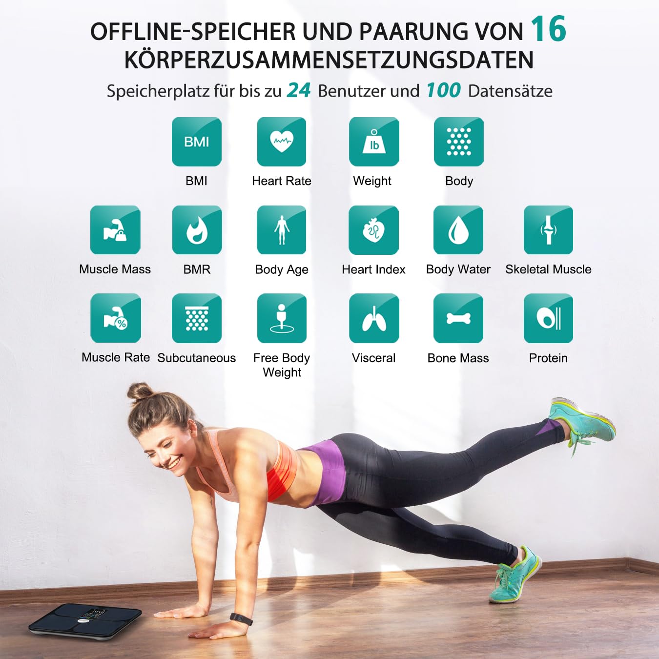 ABLEGRID Wiederaufladbar Körperfettwaage, LED Personenwaage Digital Mit Körperfett Und Muskelmasse Körperfettanalyse, 16 Messungen Der Körperzusammensetzung BMI, Herzfrequenz, 180kg, Schwarz