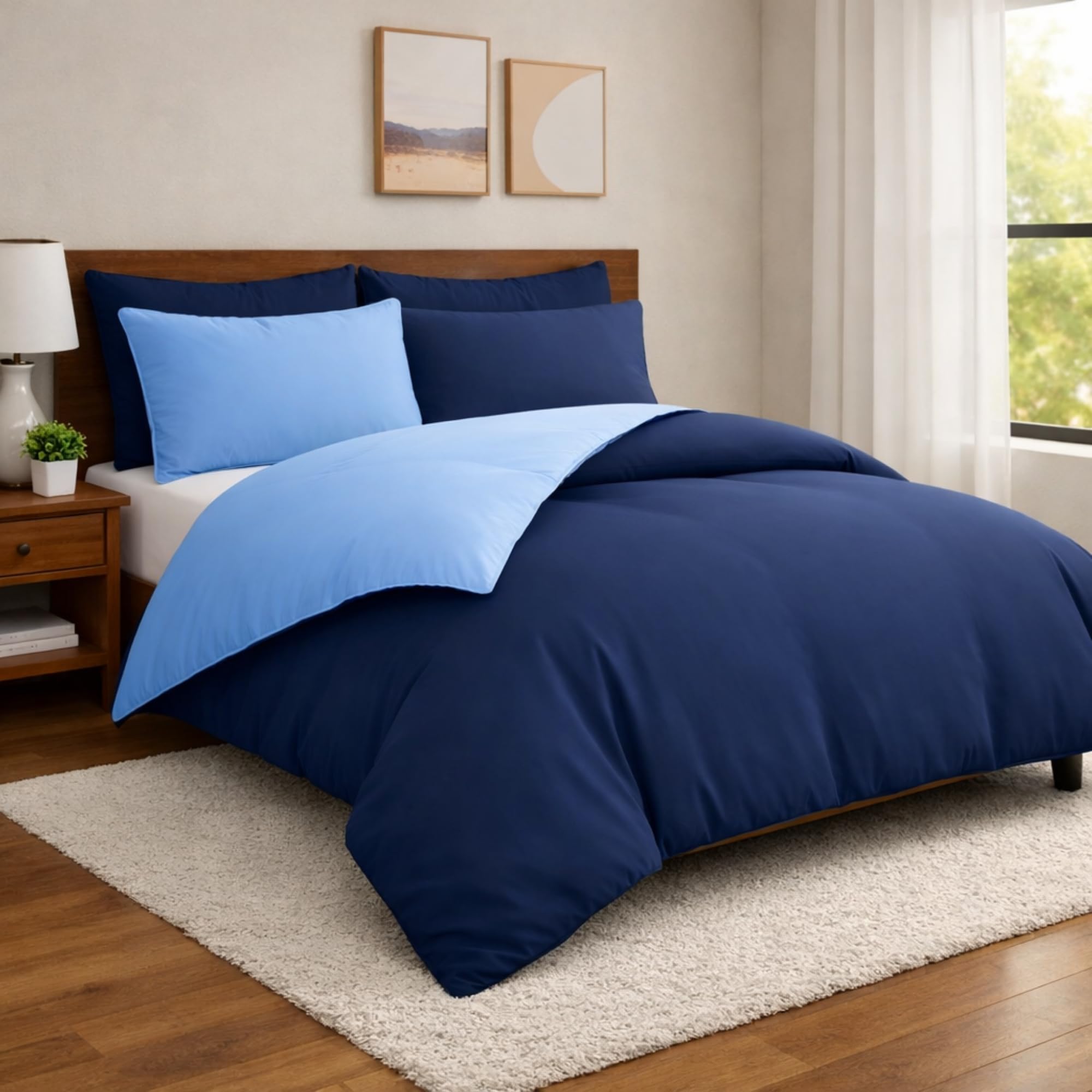 AQS INTERNATIONAL - Reversible King Duvet Cover Set - Ultra Soft Brushed Microfiber Navy & Blue Bedding Set with Pillow Cases - Breathable Durable Easy Care Comfortable Bedding for Home