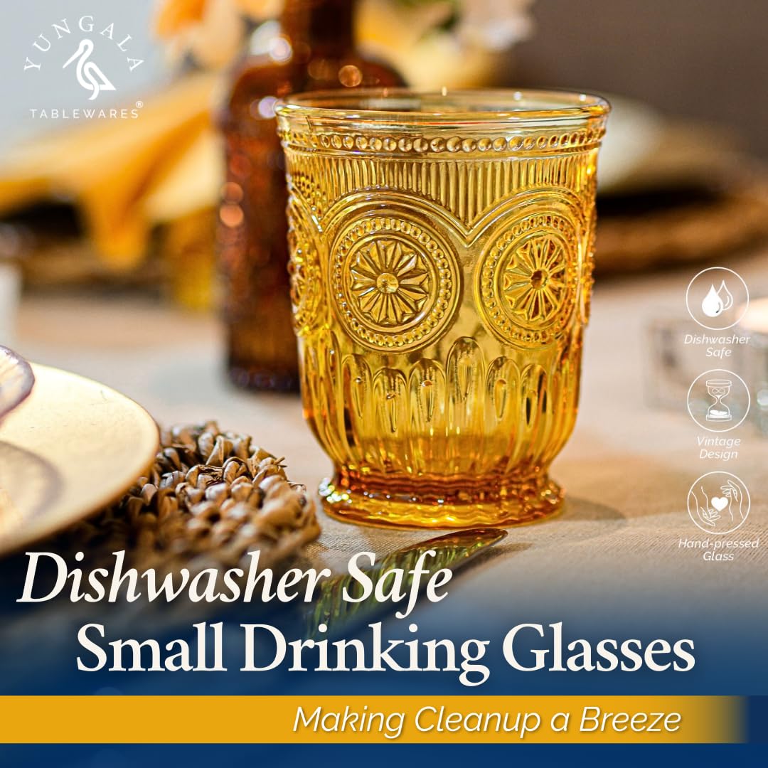 Bernsteinfarbene Trinkgläser, Set mit 6 bernsteinfarbenen Glasbechern, 237 ml, kleine Wassergläser, Hobnail, spülmaschinenfest, niedliches farbiges Trinkgeschirr für den Herbst