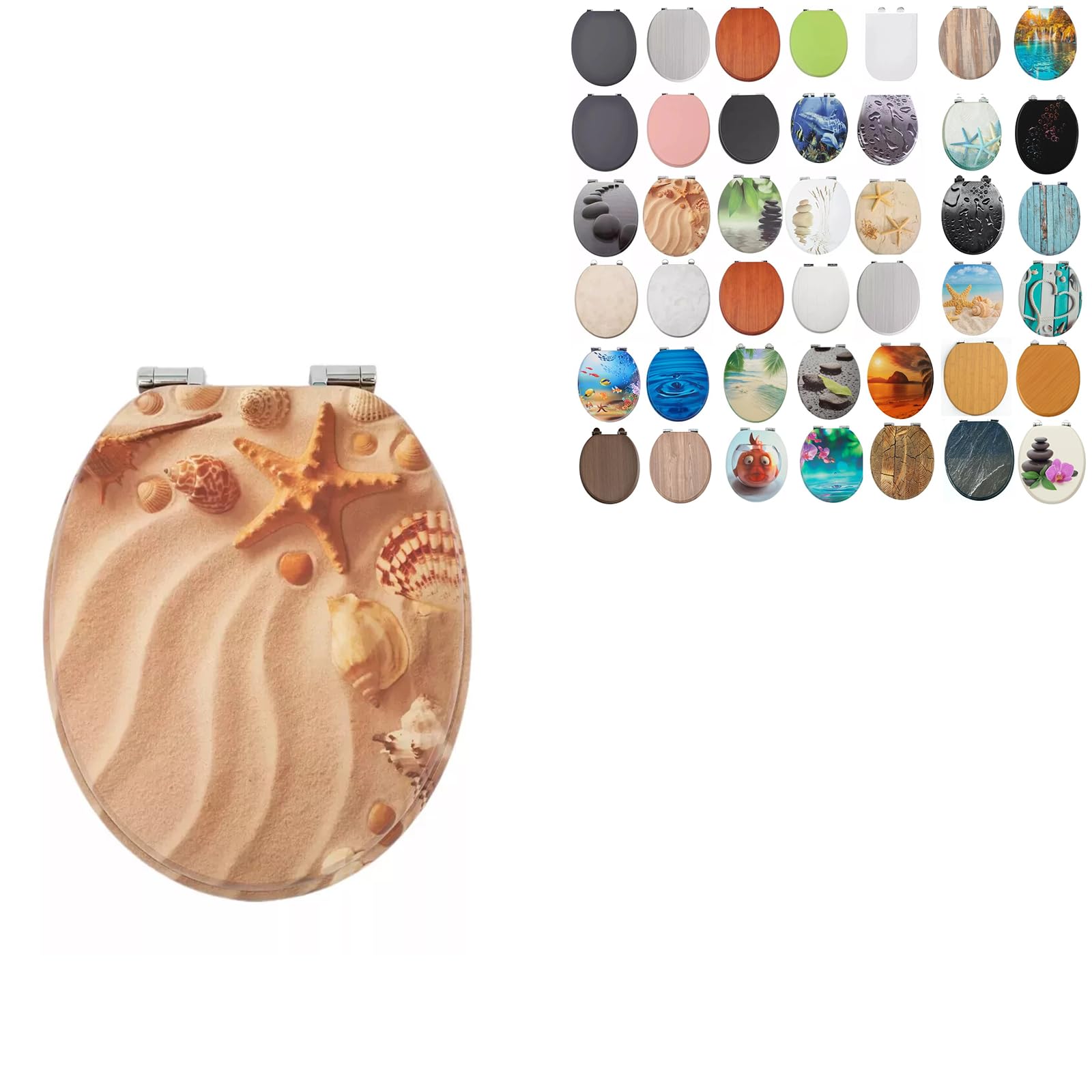 18" MDF Toilet Seat Universal Adjustable Fit Most Toilets Oval Seat┃Bathroom Standard Wooden MDF Toilet Seat | WC SEAT +Fittings (Starfish & Shell On The Beach Novelty.)