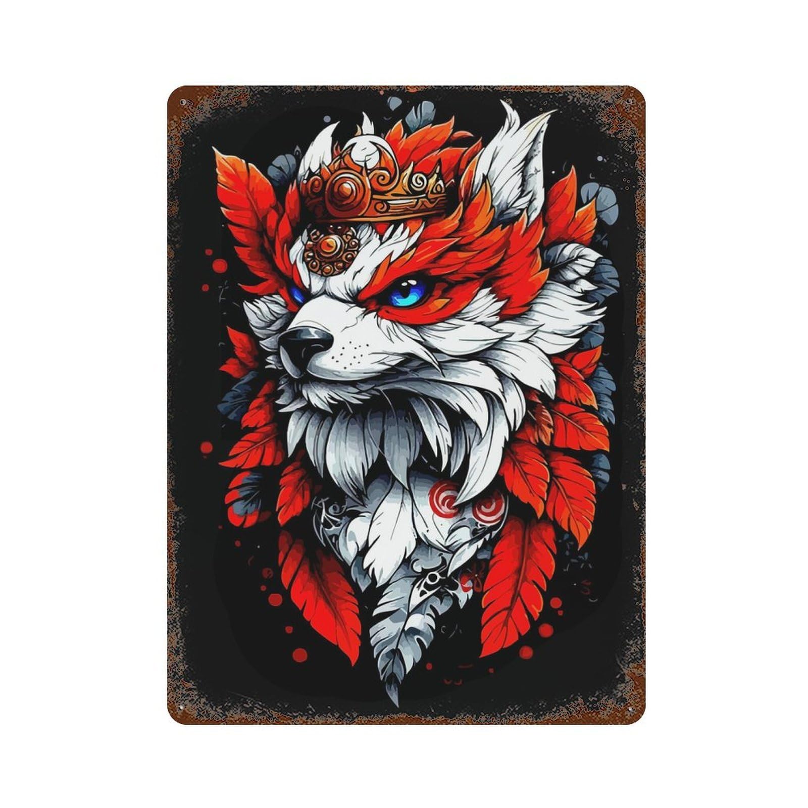 Garage Style Majestic Crowned Fox Digital Art Rust Effect Tin Sign 15.7"x11.8", Industrial Home Decor for Bar And Workshop