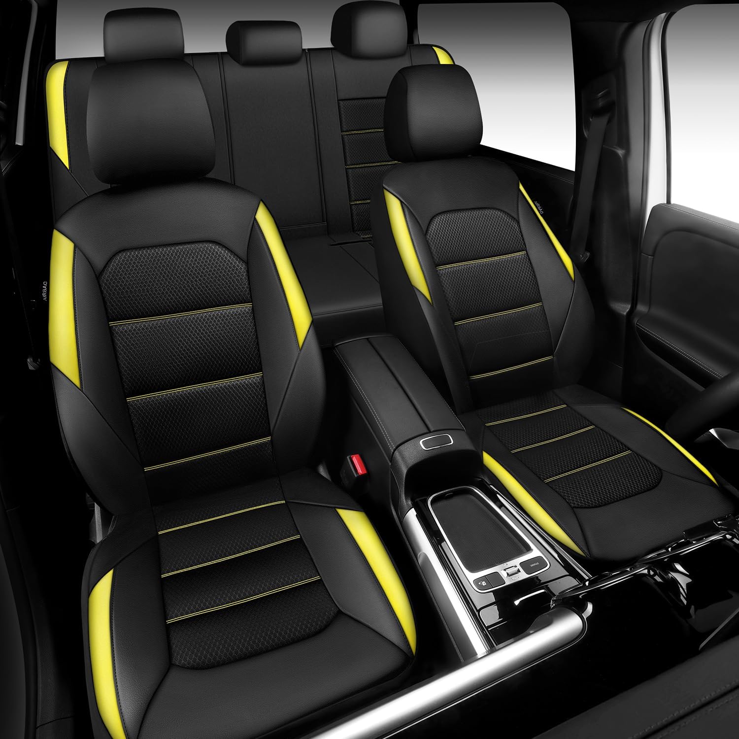 CAR PASS Memory 3D Foam Car Seat Covers Full Set, Breathable Mesh Thick Seat Covers for Car, Yellow Leather Seat Covers, Universal Automotive Comfort for SUVs Trucks,Airbag Compatible, Black Yellow