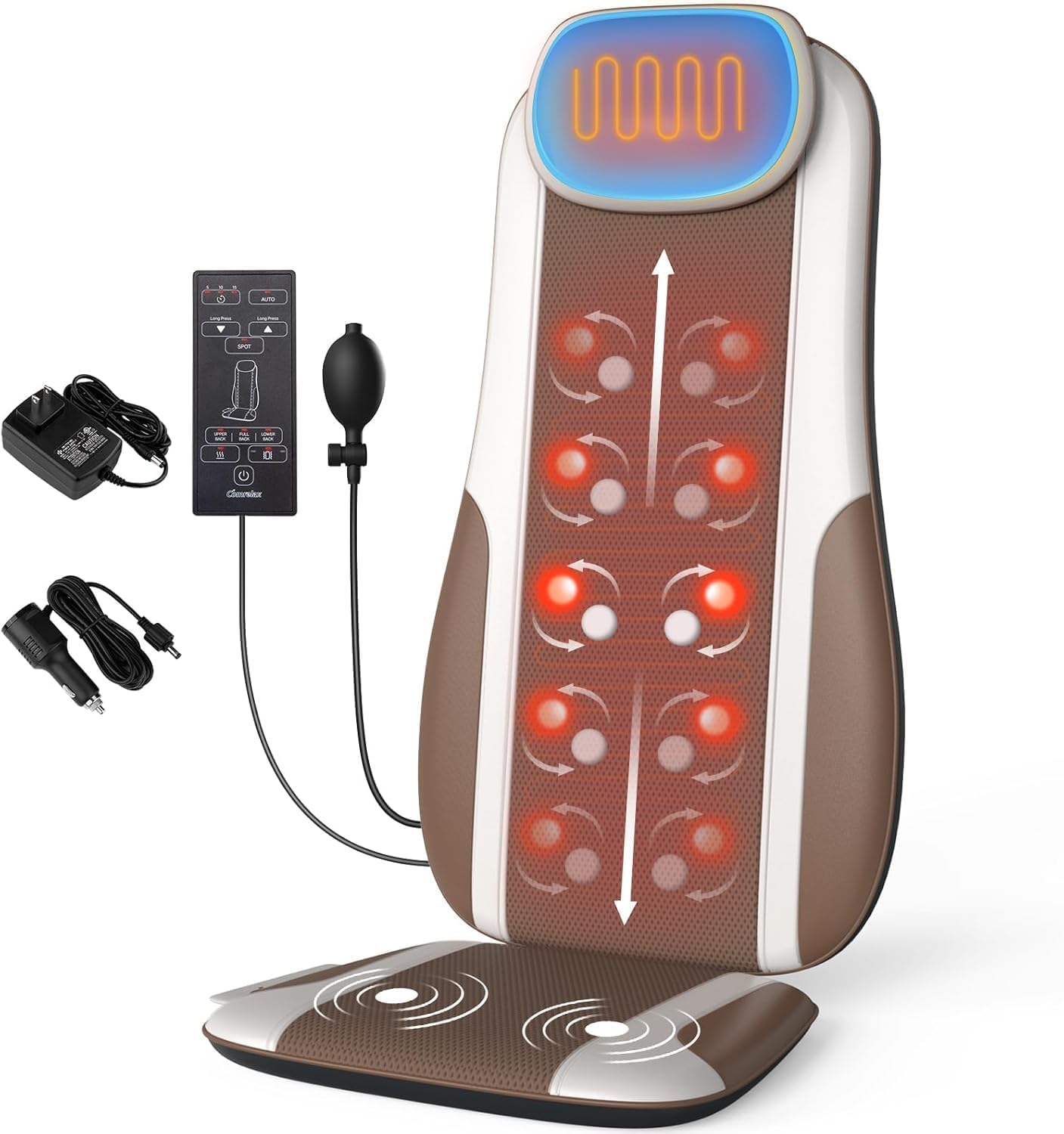 Shiatsu Back Massager with Heat, Massage Chair Pad Seat Cushion for Stress Relief, Deep Tissue Kneading & Roller, 2 Vibration Motors, Back Waist Hip Massager, PU Leather, with 2 Adapters
