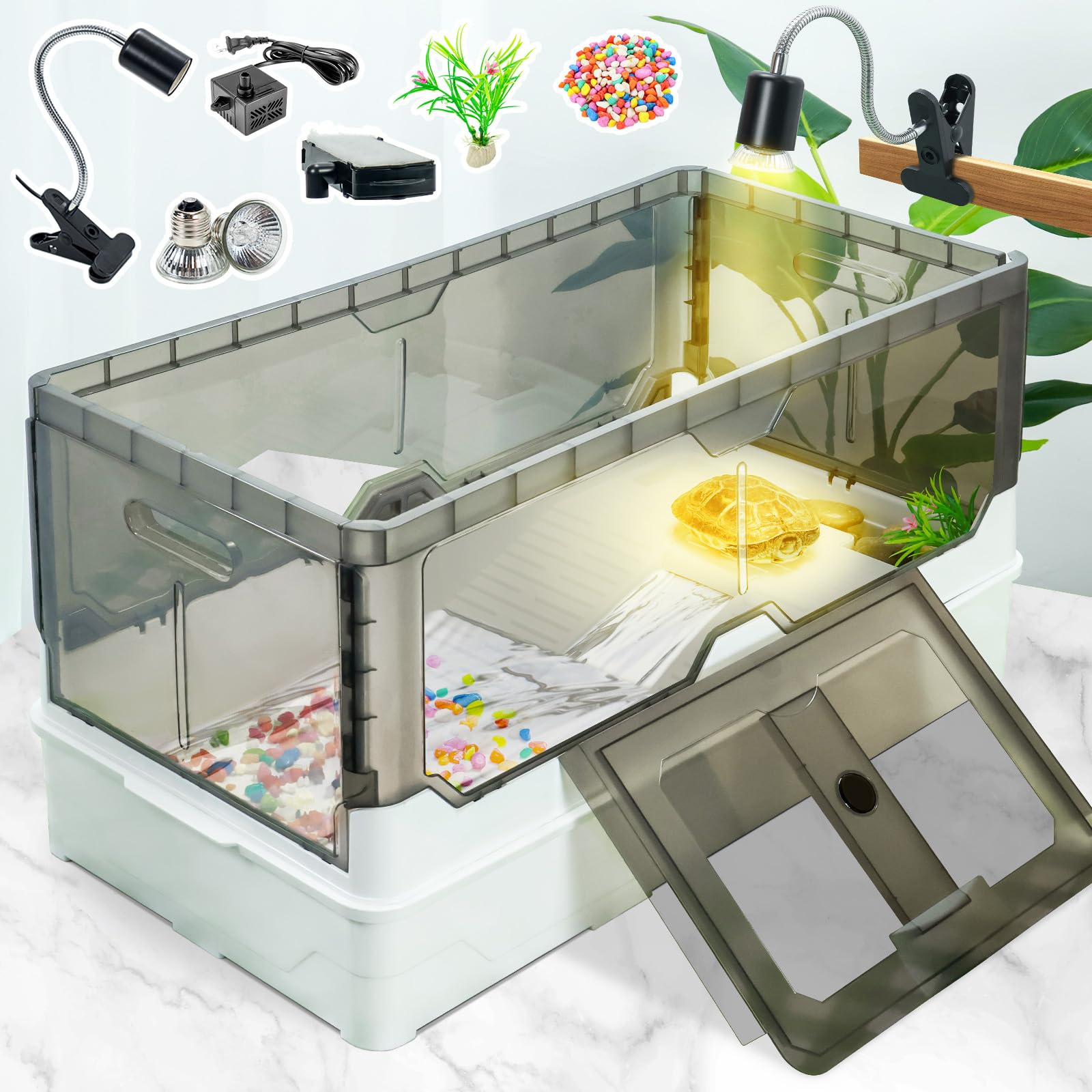 Wedoelsim Turtle Tank kit with Filter+Water Pump+Heat lamp, Wheels, Easy to Move, Imitate The Natural Flows, Suitable for Small Turtle Horned Frog Hermit (XL, White)