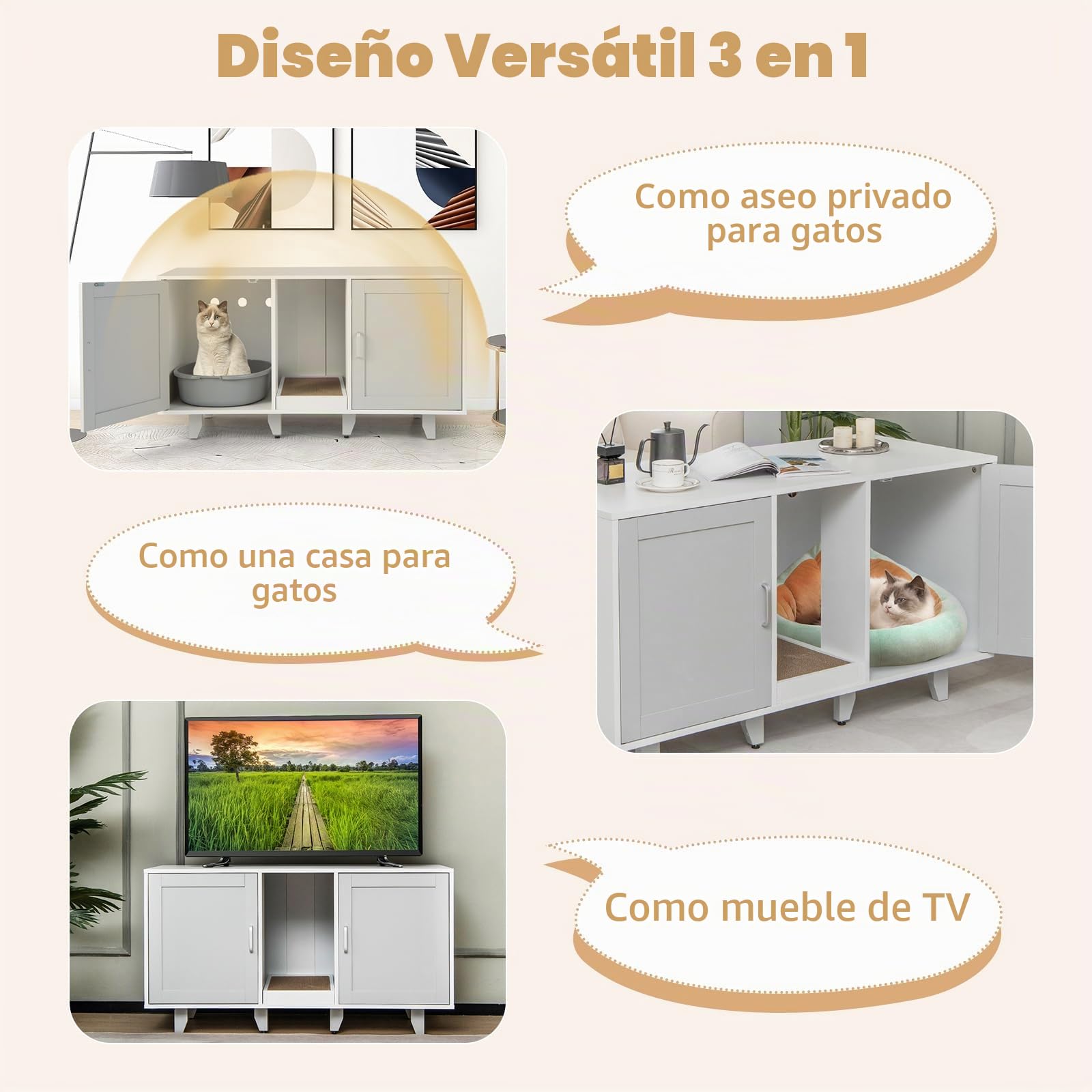 GOPLUS 3 en 1 Casa de Aseo para Gatos, Cajas de Arena para 2 Gatos, Arenero Cubierto con 2 Puertas con Patas Desmontables y Tabla de Garras Desmontable, Mesa Auxiliar para Mascotas 120 x 52 x 65 cm