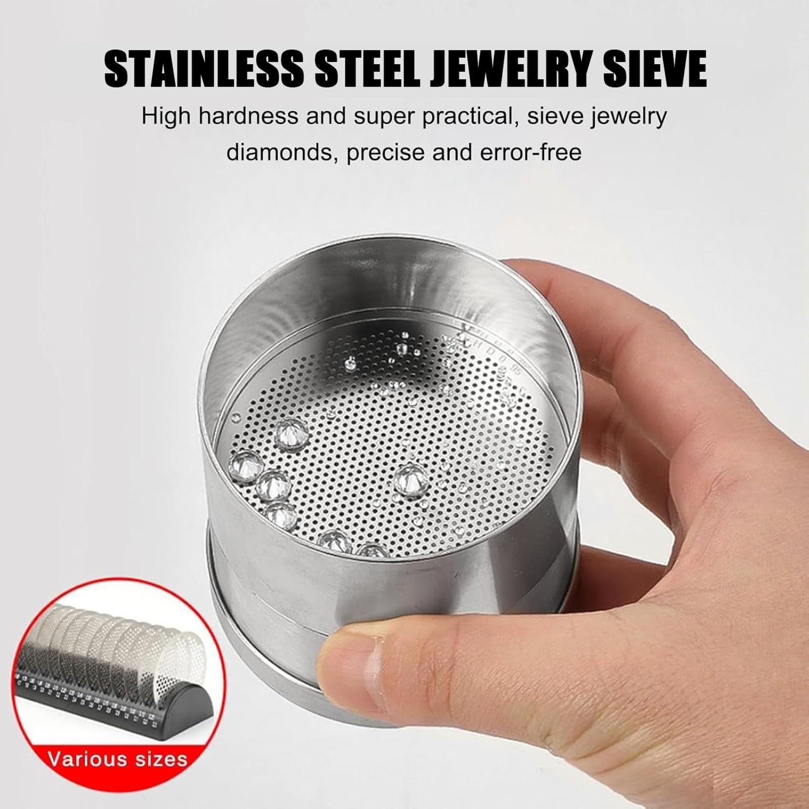 Set di setacci per la classificazione del diamante, strumento di selezione in acciaio inossidabile con telaio a piatto, design a doppio strato per la misurazione delle dimensioni delle pietre preziose