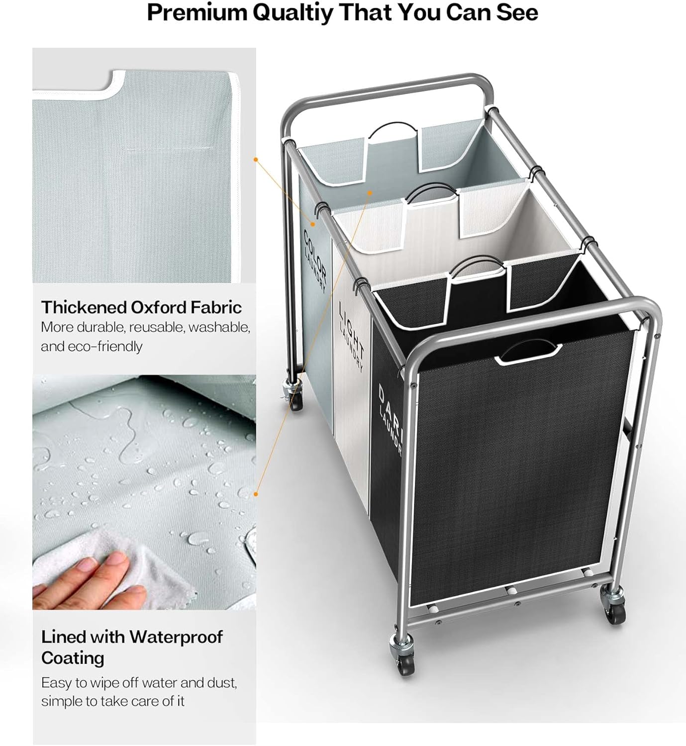ROMOON Laundry Sorter 4 Section and 3 section, Separated Laundry Hamper Cart with Wheels and Removable Bags, Rolling Laundry Basket Organizer for Dirty Clothes, Black & Color