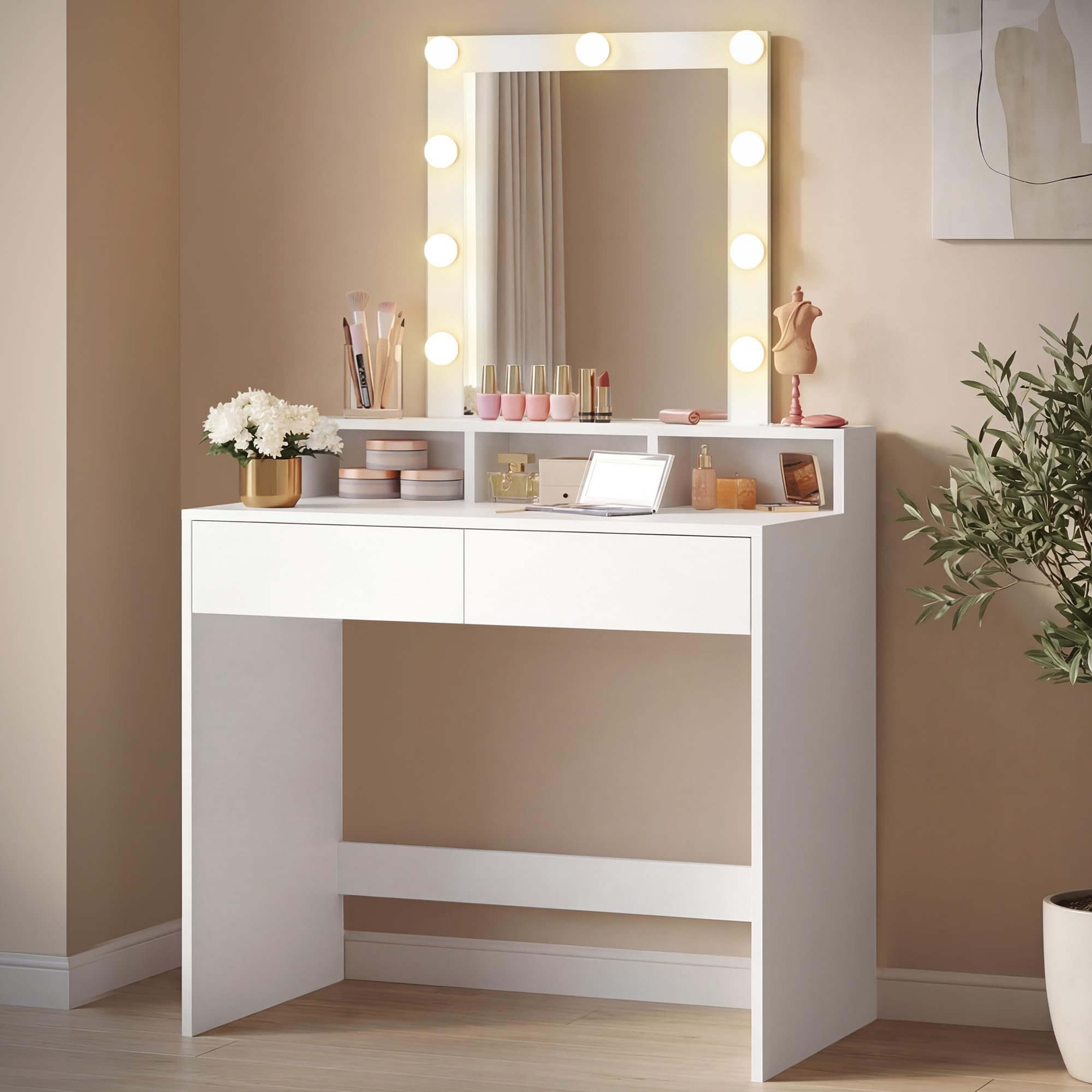 VASAGLE Kailyn Collection - Coiffeuse, Miroir LED, Éclairage 3 Couleurs Réglable, Table de Maquillage avec Miroir, 2 Tiroirs et 3 Compartiments, Coin Beauté, Style Moderne, Blanc RDT114WB01