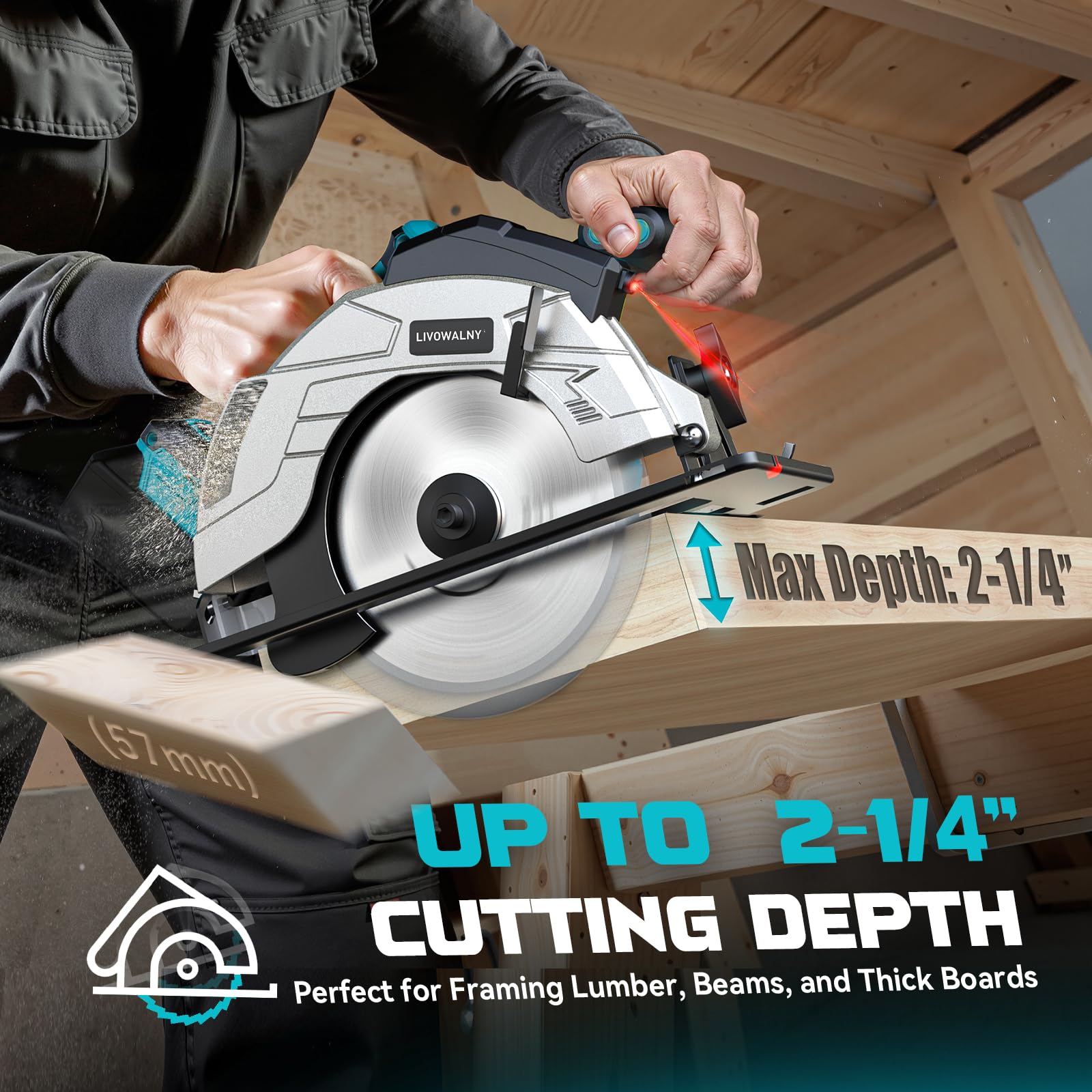 LIVOWALNY Handkreissäge Kompatibel Mit Makita Akku 18v, 66mm Akku-Kreissäge mit Ø165 x Ø20 mm Sägeblatt, werkzeuglose Einstellung bei Schnitttiefe + Neigungswinkel (ohne Akku)