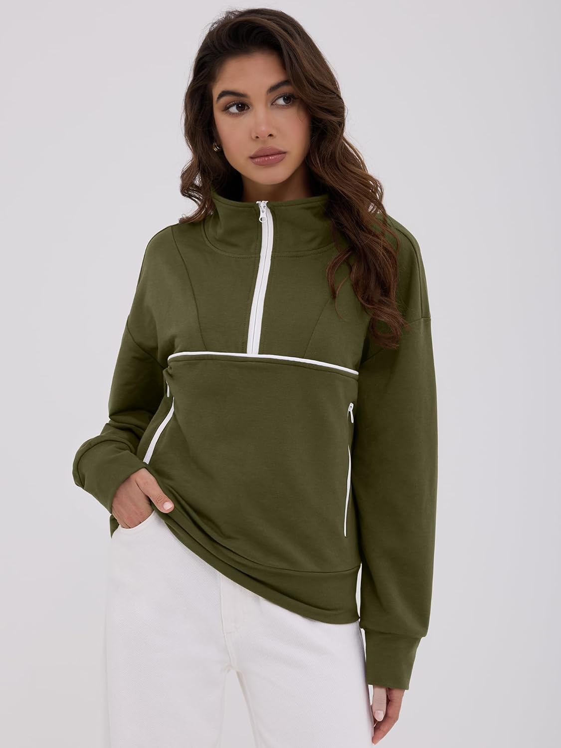 ZAFUL Womens Sweatshirts with Contrast stitch 1/4 Zip Pullover 2025 Stand Collar Hoodies for Fall Winter - Image 4