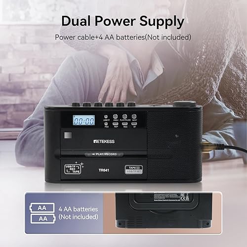 Miniatura 4 de Retekess Grabador de cassette TR641, convertidor de casete a digital, radio AMFM, Boombox con conector para auriculares, USBTF, conexión