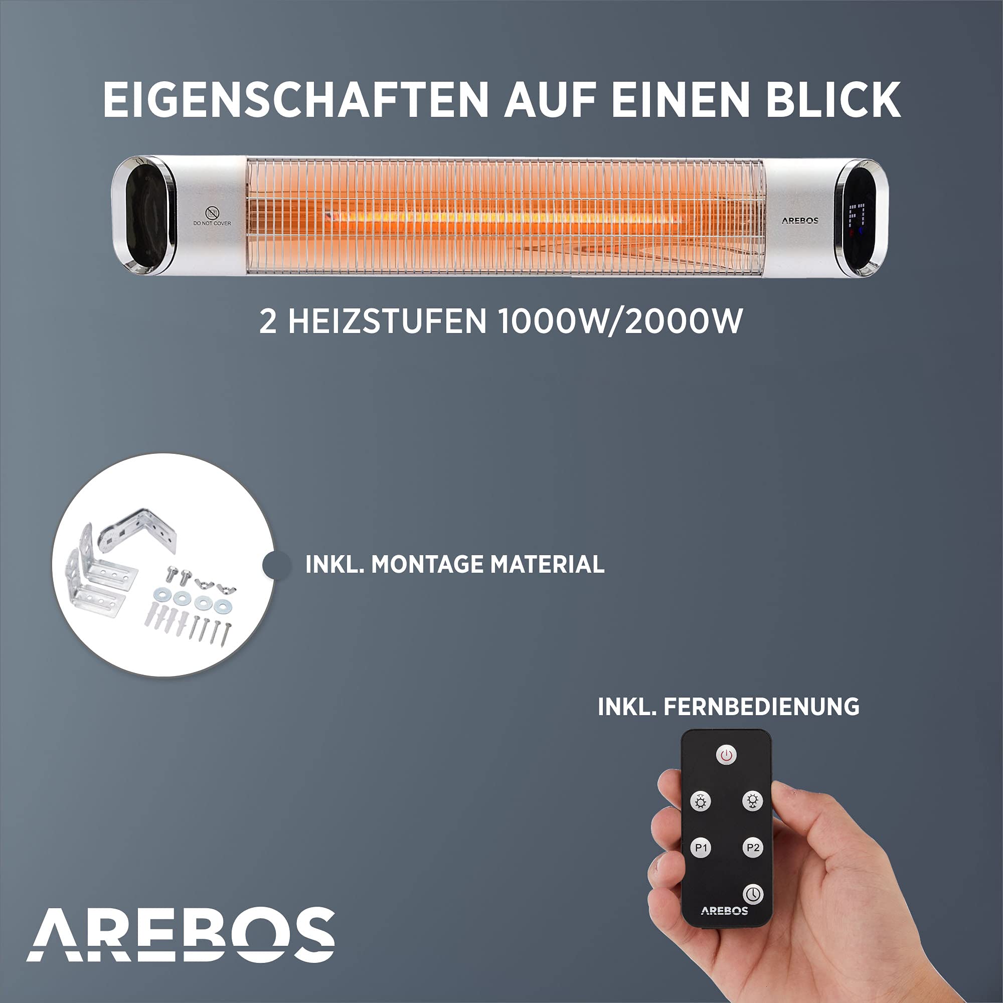 Arebos Infrarot Heizstrahler 2000 W | mit Fernbedienung | 2 Heizstufen | 60° Neigung inkl. Montagematerial | Wärmestrahler Terrassenstrahler Terrassenheizer Deckenstrahler | Silber