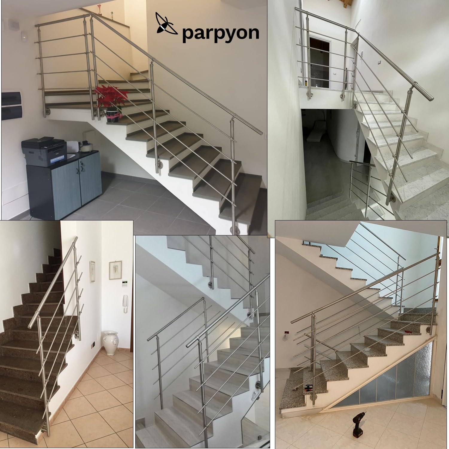 Parpyon® Ringhiera per Scale interne in acciaio Inox AISI 304 Uso Interno Balaustra 3 metri Fissaggio a PARETE montaggio FACILE fai da te