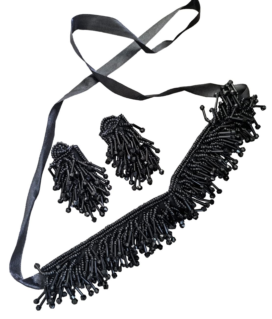 Fuschianet Accessories Oxidized Seed Bead Choker Necklace Earrings for Women and Girls (Black Crystal Ribbon Seed Bead Set) (B0BVWKP85Y) Amazon Price History, Amazon Price Tracker