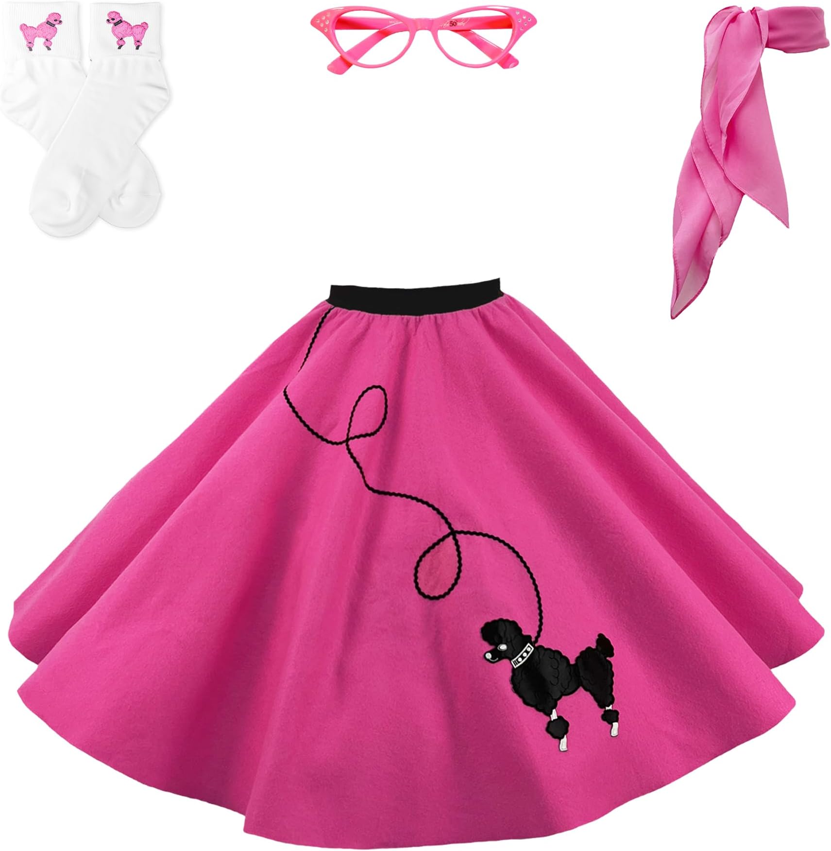 Hip Hop 50's Shop 1950s Adult 4 Piece Poodle Skirt Costume Outfit for Women with Accessories (glasses, socks, scarf)