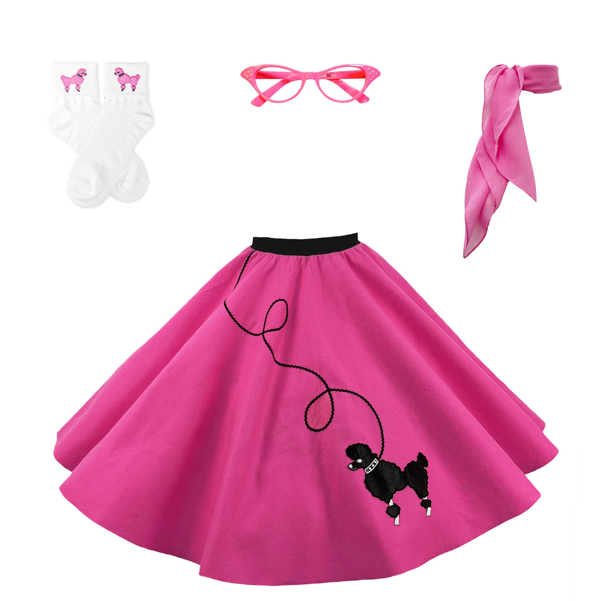 Hip Hop 50's Shop1950s Adult 4 Piece Poodle Skirt Costume Outfit for Women with Accessories (glasses, socks, scarf)