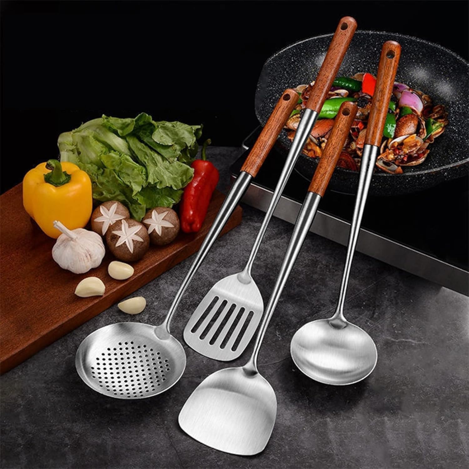 Juegos de utensilios de cocina Juego de utensilios de cocina, juego de utensilios de cocina, espátula wok de acero inoxidable con mango largo, espátula ranurada, cuchara de arroz, cucharón, juego de 4