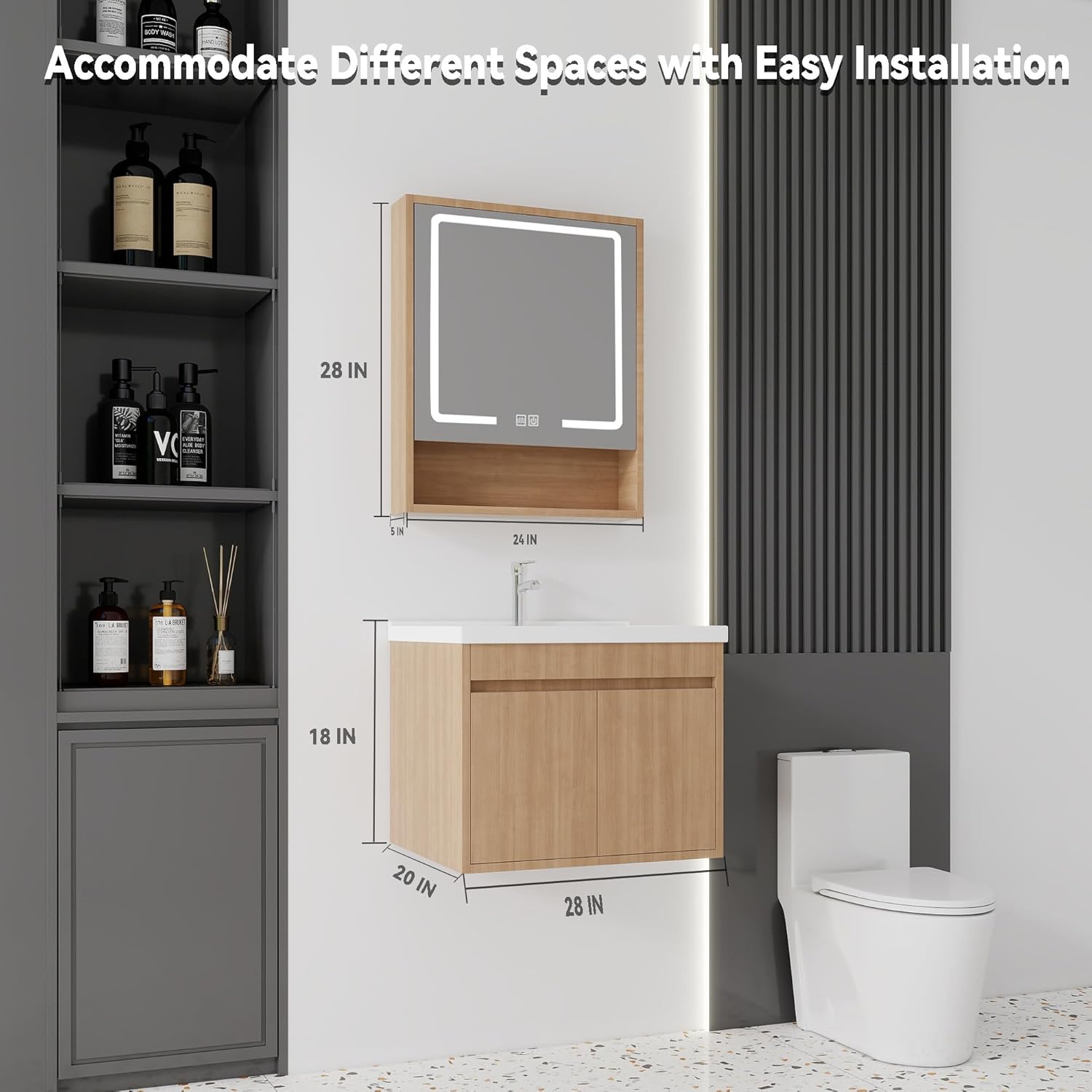 28'' Bathroom Vanity with Ceramic Sink Combo and Medicine Cabinet Mirror with Led Light/Defog, Wall Mounted Small Bathroom Vanity with Soft-Close Door Modern Floating Cabinet, Walnut(No Faucet)