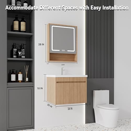 Miniatura 245 de Tocador de baño de 20 pulgadas con lavabo de cerámica, tocador de baño pequeño montado en la pared con puerta de cierre suave, gabinete flotante