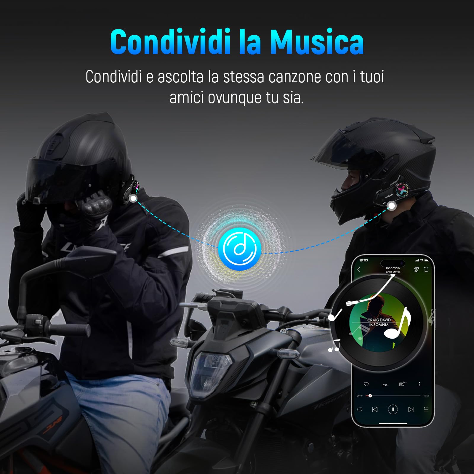L2 Interfono Moto Bluetooth 5.3, Auricolare Casco Impermeabile IP67 | Interfono moto con batteria 1000mAh per 35H di autonomia, Supporta condivisione musica e luce RGB