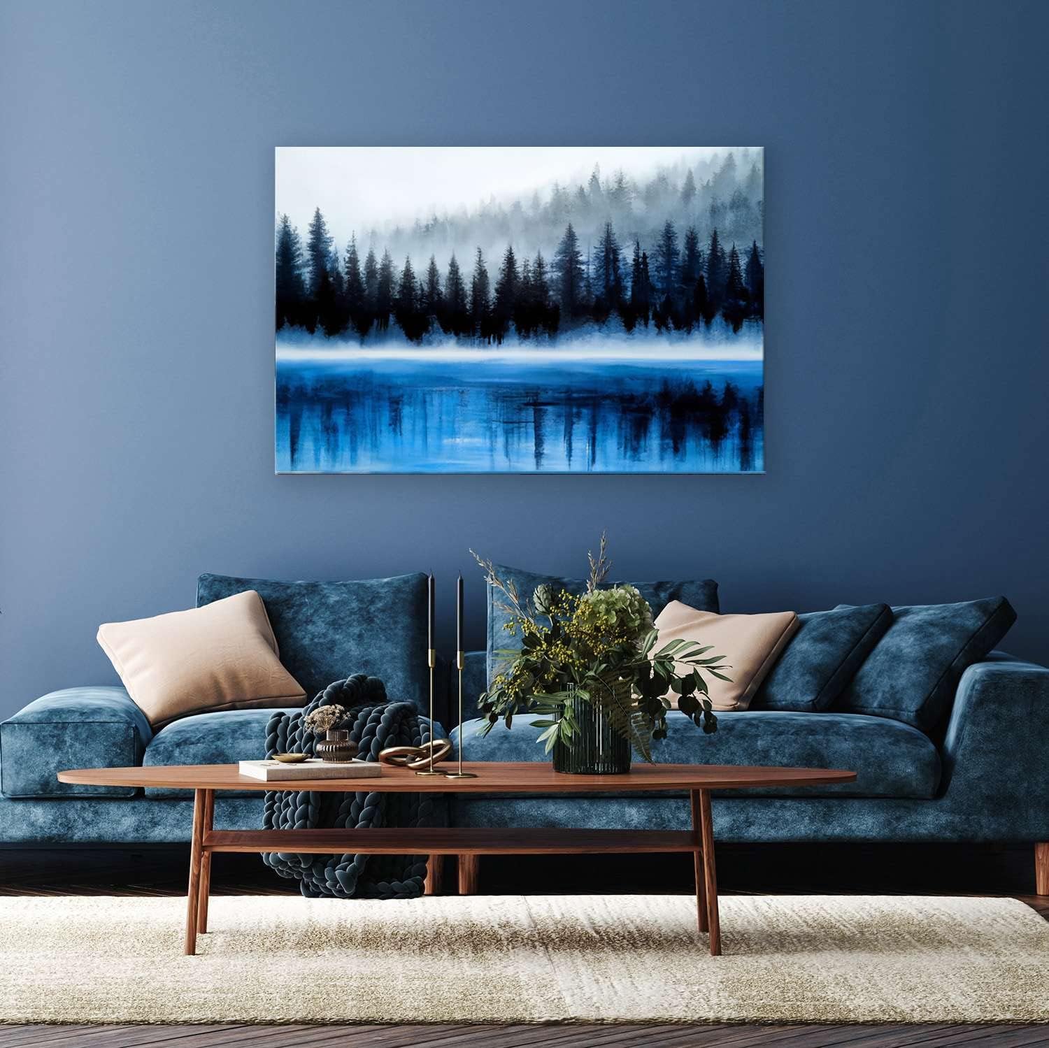 Startonight Canvas Wall Art Abstract - Blue Teal Blue Fir Trees Artist - Stretched Print, Modern for Bedroom or Living Room, Ready to Hang Home Decor Unique Luminous Artwork 24" x 36"