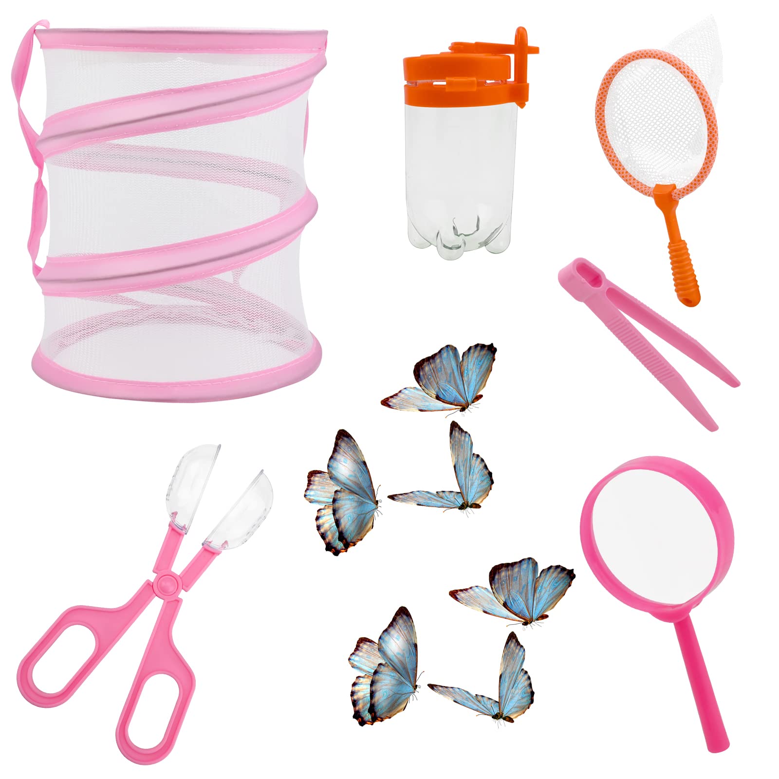 6Pcs Outdoor Explorer Kit for Kids Insect Catching Kit Bug Hunting Kits for Kids including Critter Cage,Magnifying Glass,Tweezers,Insect Bottle,Insect Catching Scissors,butterfly net (pink)