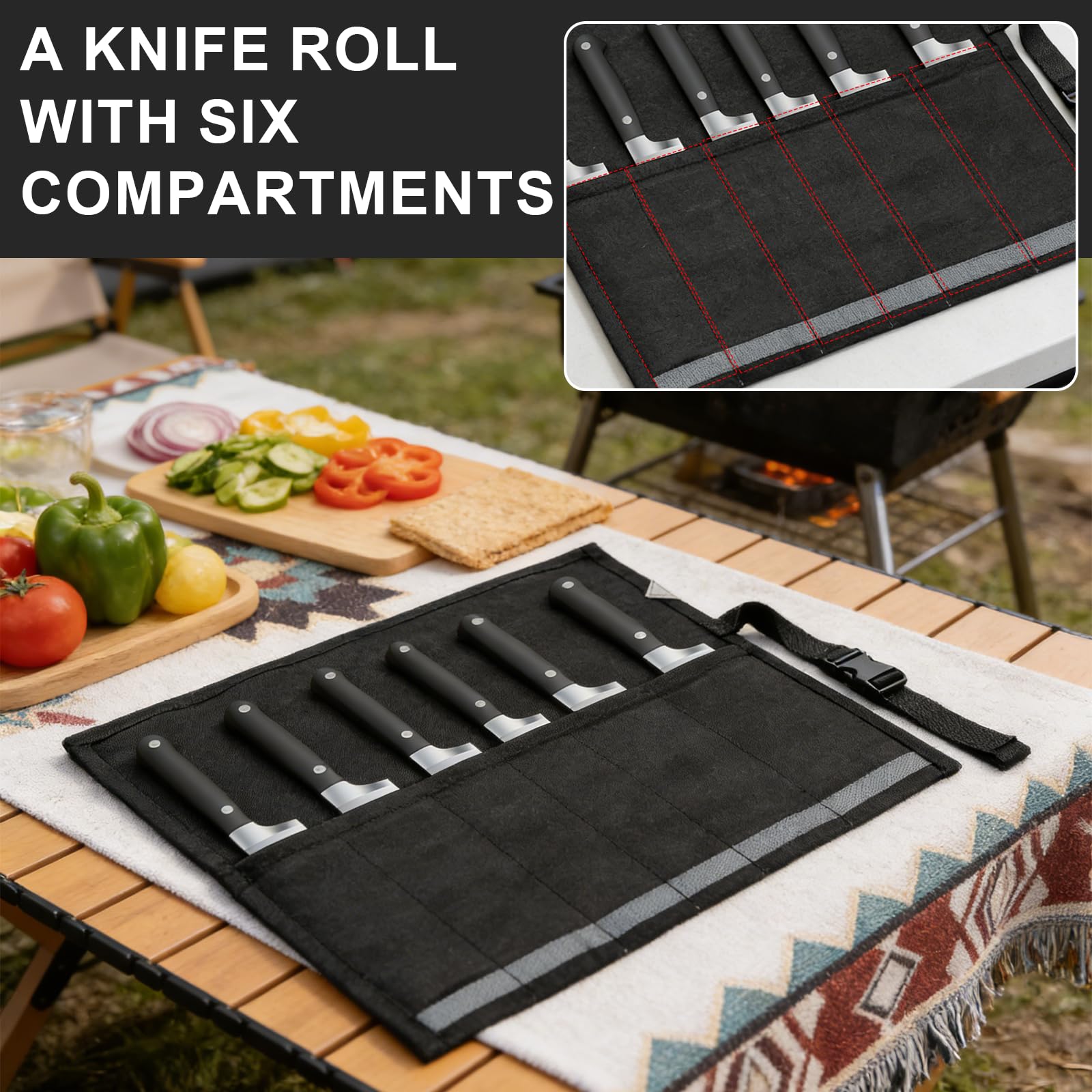 Portacoltelli da Cucina in Oxford, Borsa Porta Coltelli da Chef con 5 Scomparti, Custodia per Coltelli Professionale, Porta Utensili da Cucina, 47.5x27.5cm, Nero