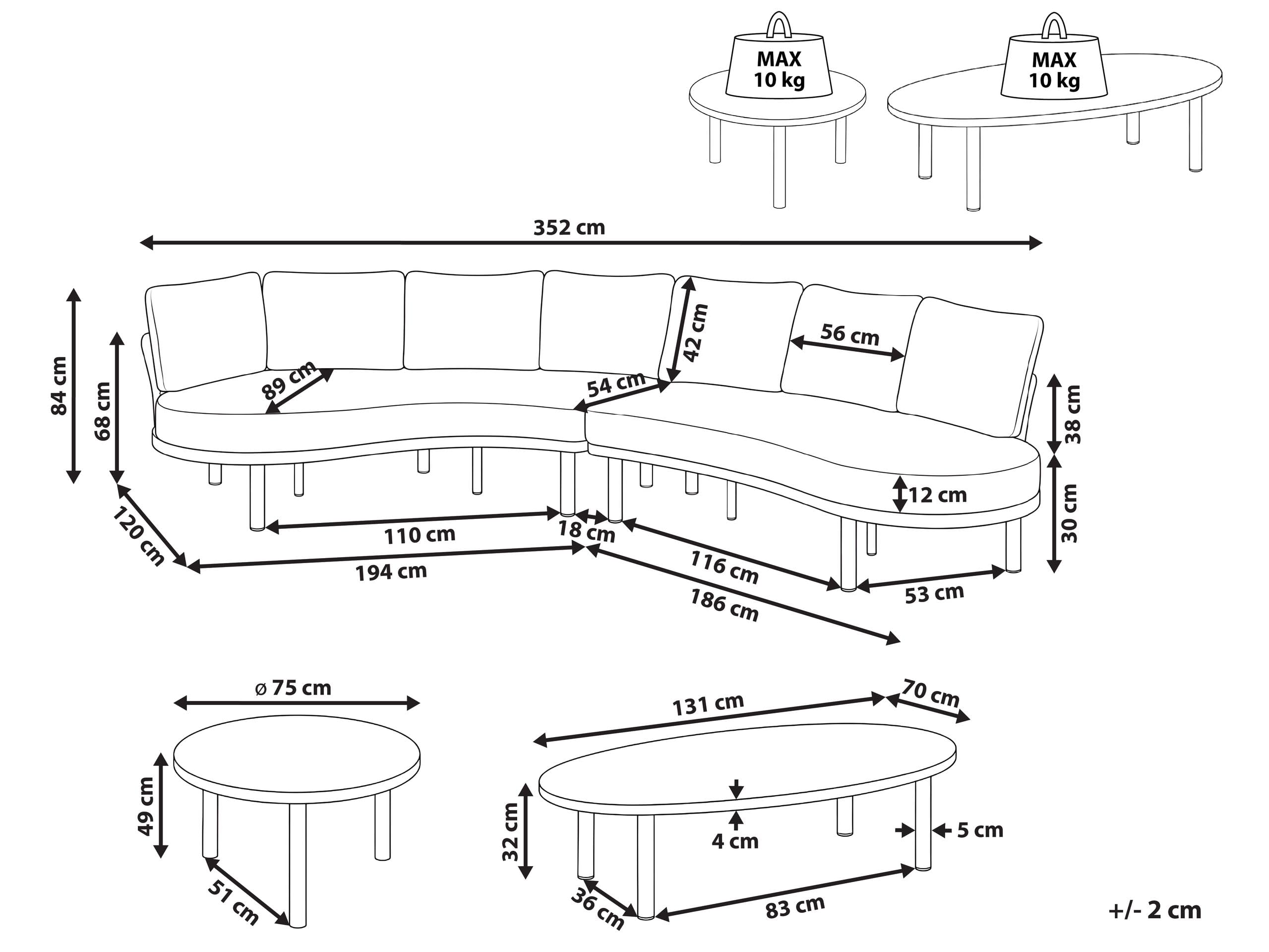 Zestaw ogrodowy 6-osobowy zaokrąglona sofa modułowa i stolik metalowa rama blat ze szkła hartowanego beżowy Oriolo
