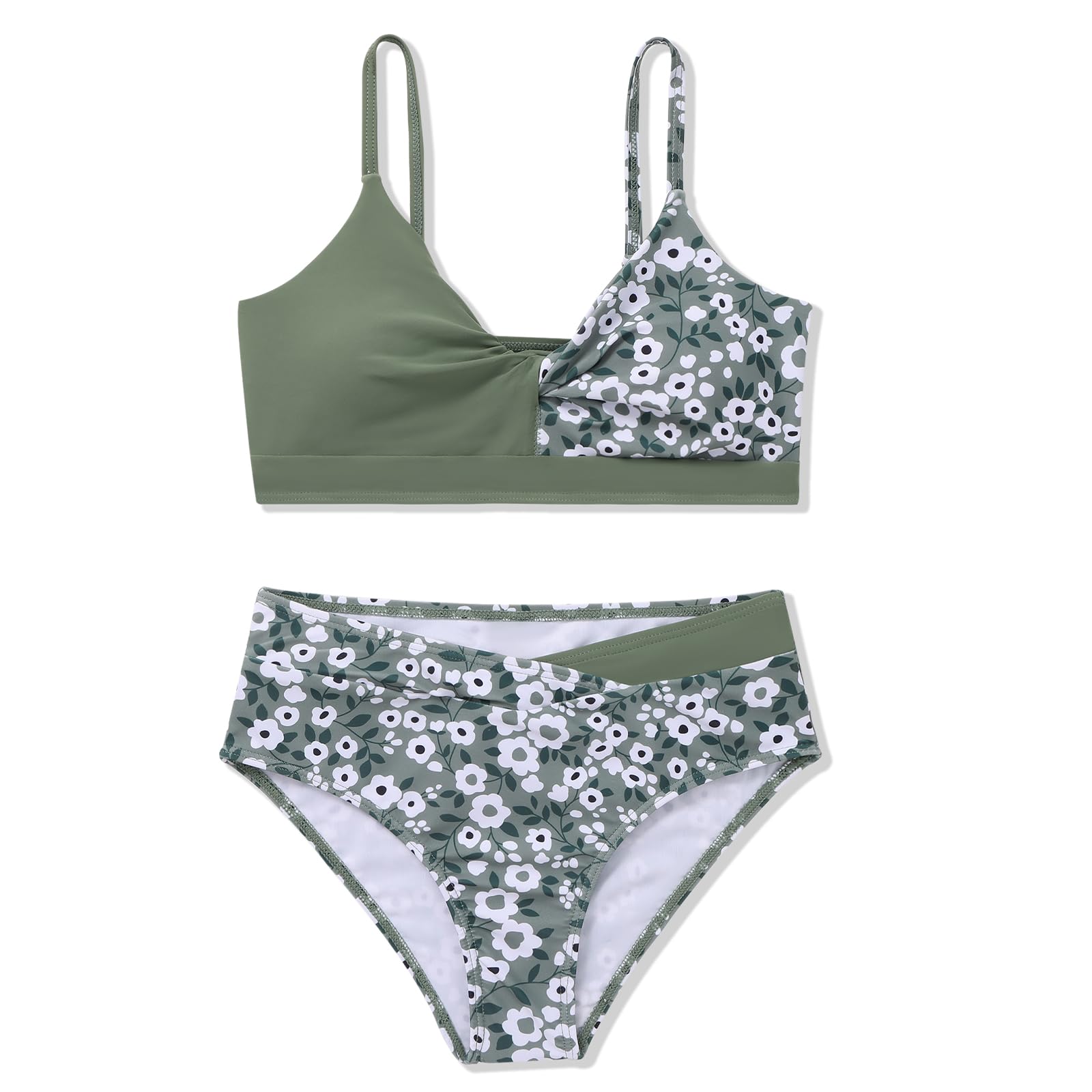 Traje de baño de 2 piezas para niñas, conjunto de bikini con bloques de color tropical, floral, lindo traje de baño para niñas