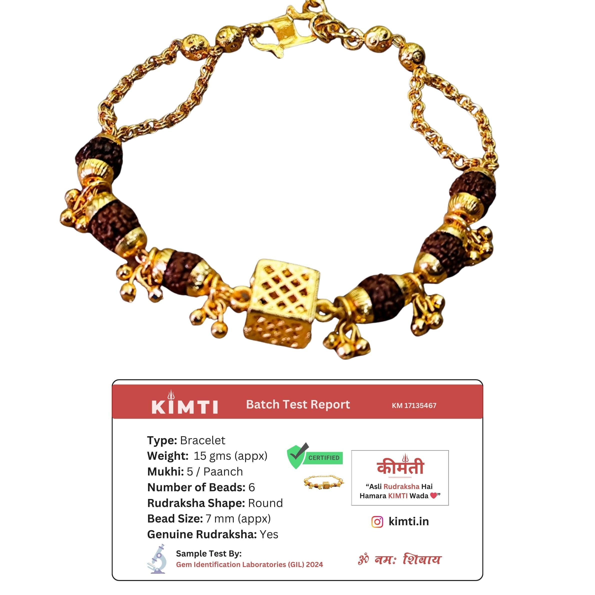 Kimti Pure Original Certified 5 Mukhi Rudraksha Beaded Namah Shivay Mahadev Brass Golden Hand Bracelet - Stylish Women Bangle Shiva Mahakal Panchmukhi Rudraksh Stone Metal Gold Plated Chakra Bracelets