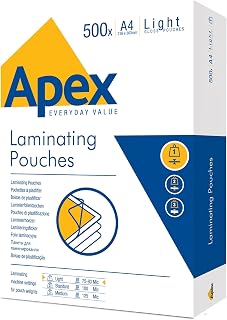 Fellowes Apex A4 Laminating Pouches, Glossy Finish, 500 Sheets - Light Duty Value Pack - Ideal for Notices, and Photos
