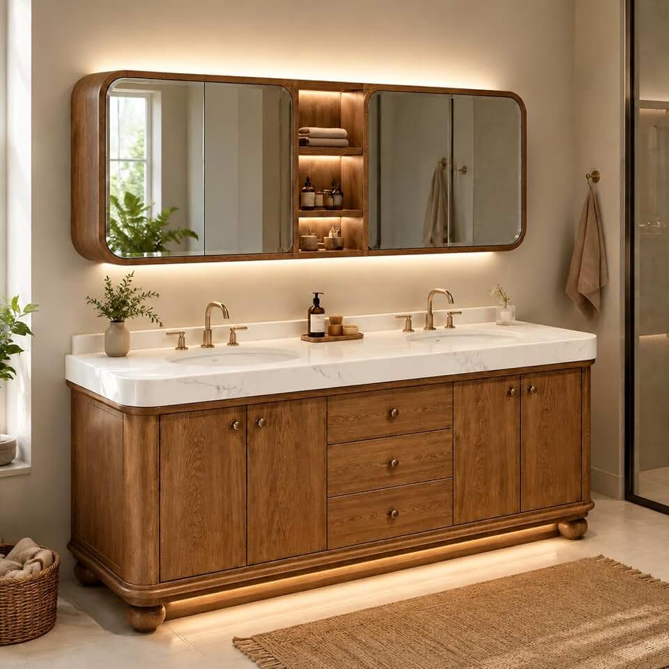 110 in Freestanding Double-Sink Bathroom Vanity with Mirror Cabinet