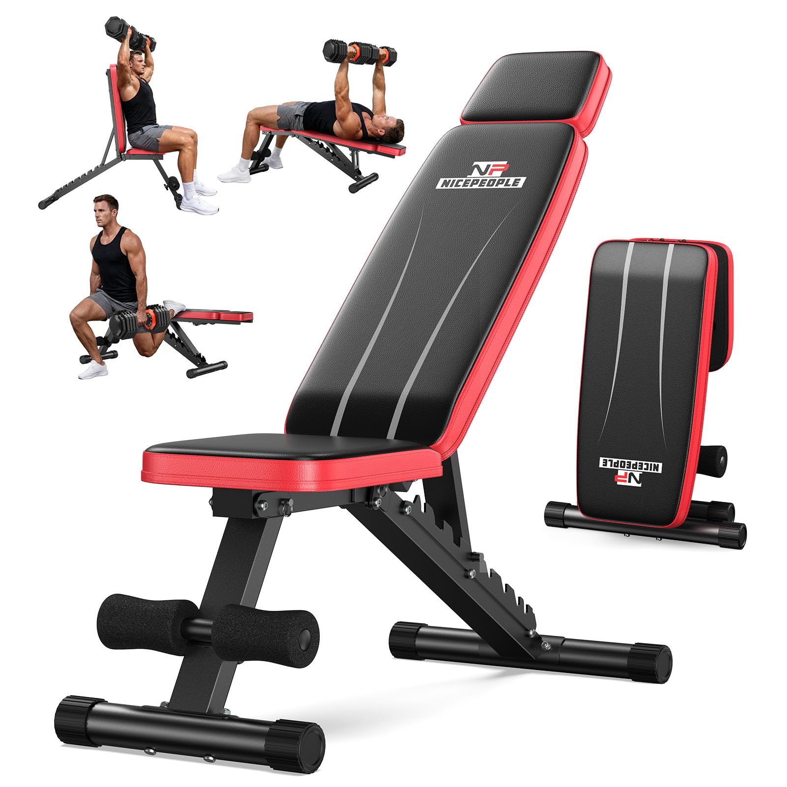 Nicepeople Adjustable Weight Bench up to 6'2", Dual-Support & ASTM-Tested Workout Bench & 10 Backrests for Chest Shoulders Arms for Home Gym, 660LBS Capacity but Compact and Foldable Strength Bench Apartment Room