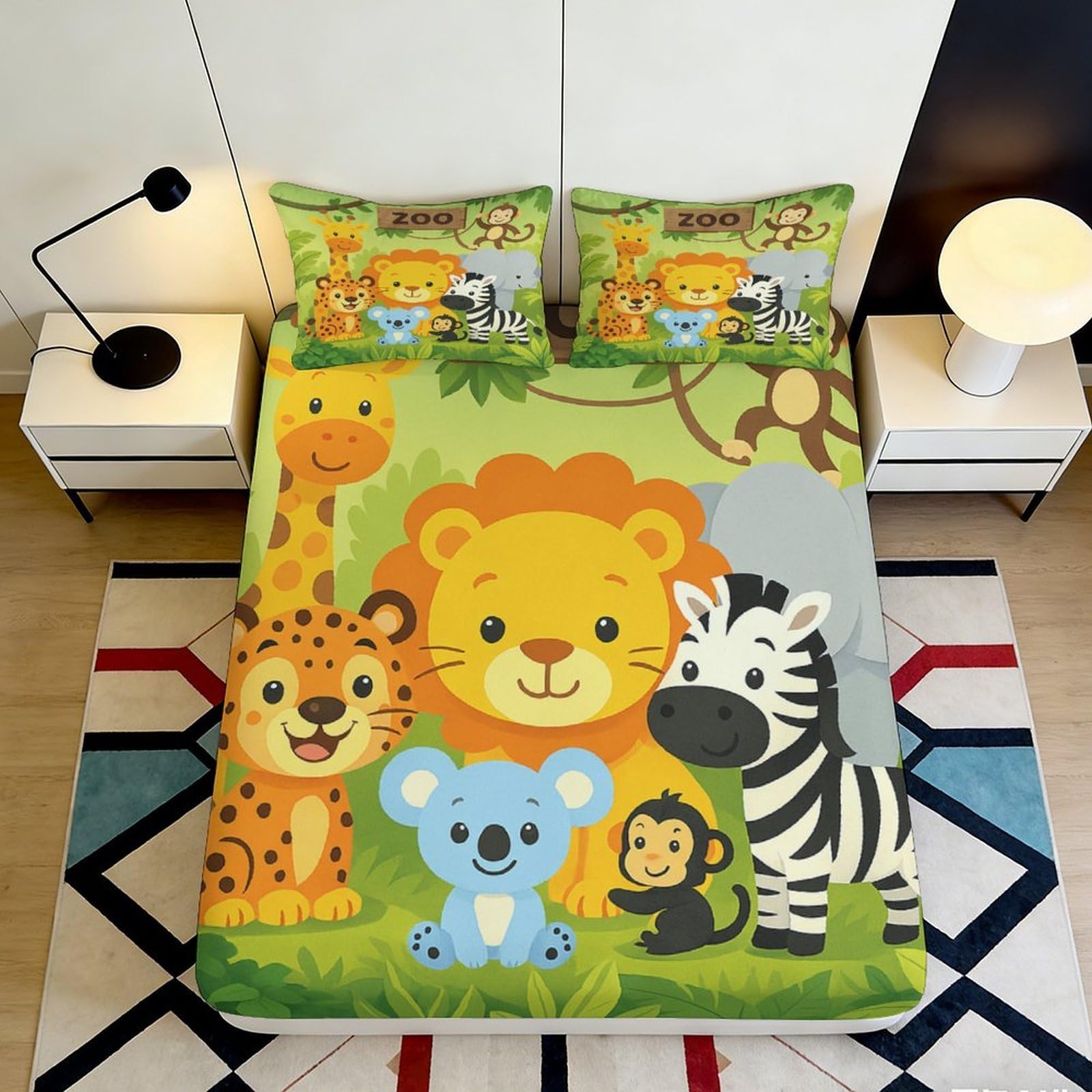 3D Printed Cartoon Jungle Fitted Sheet Microfiber Deep Pocket Full Wrap Bedding Set Washable Jungle Mattress Fitted Cover for Adults Teens 200x200x25cm 90x200x25cm
