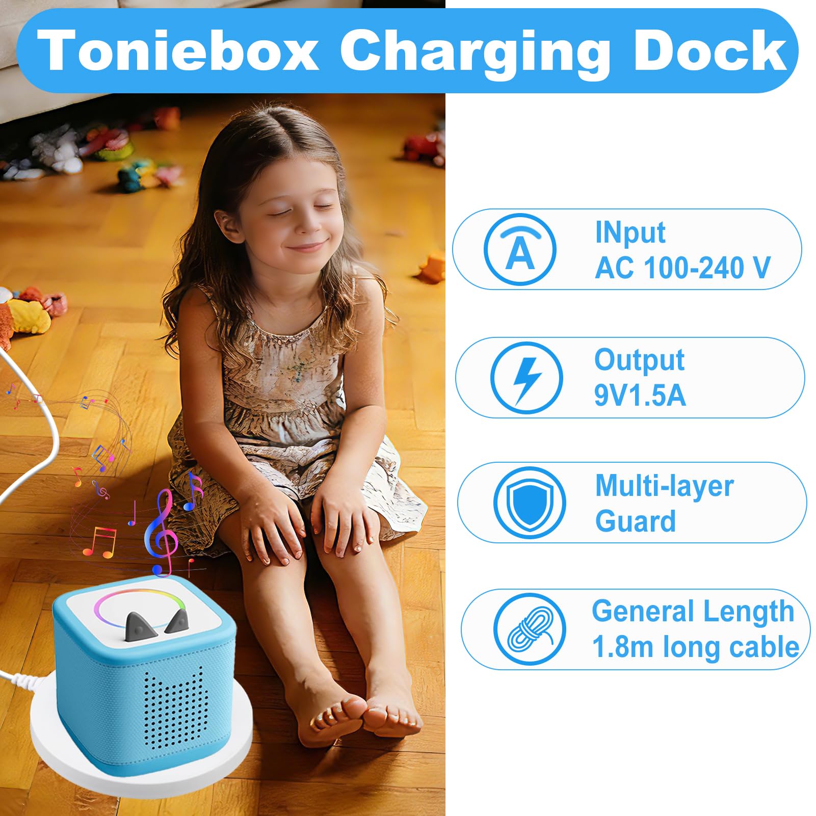 9V Chargeur pour Toniebox, 1.8M Câble d'alimentation Compatible avec Tonie Box, Remplaçant Station de Charge Remplacer Adaptateur Compatible avec Le Lecteur Audio Tonie Box DC 5,5mm*2,5mm